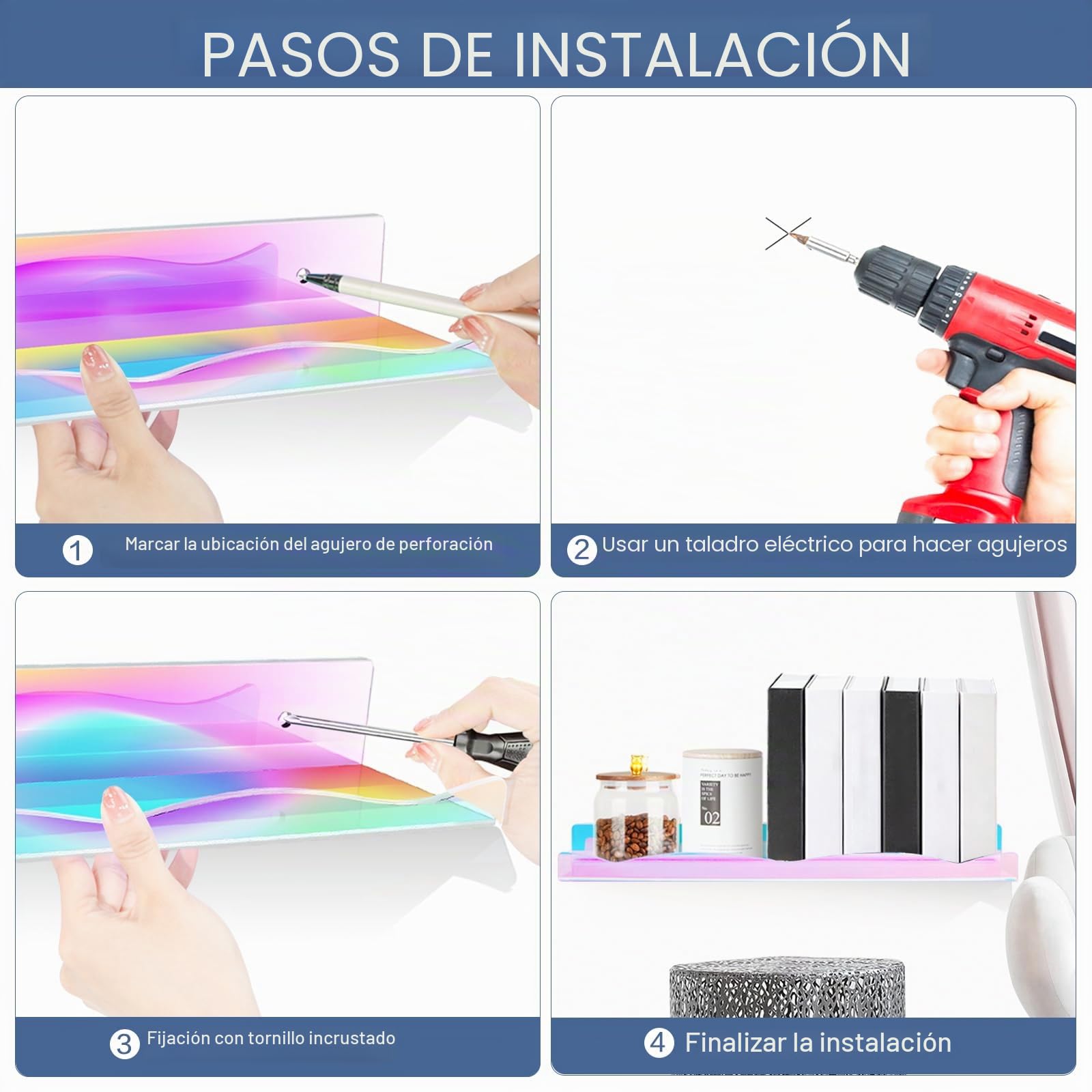 Paquete de 4 estantes flotantes de acrílico iridiscente, estantes de exhibición invisible Funko Pop para habitación de niños, baño y dormitorio