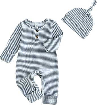 Newborn Baby Boy Clothes Coming Home Outfit Ribbed Romper with Hat Bodysuit Jumpsuit