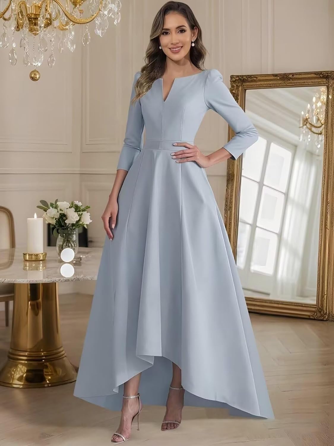 Satin Mother of The Bride Dresses for Women High Low Long Sleeve Formal Wedding Guest Dress with Pockets - Image 3