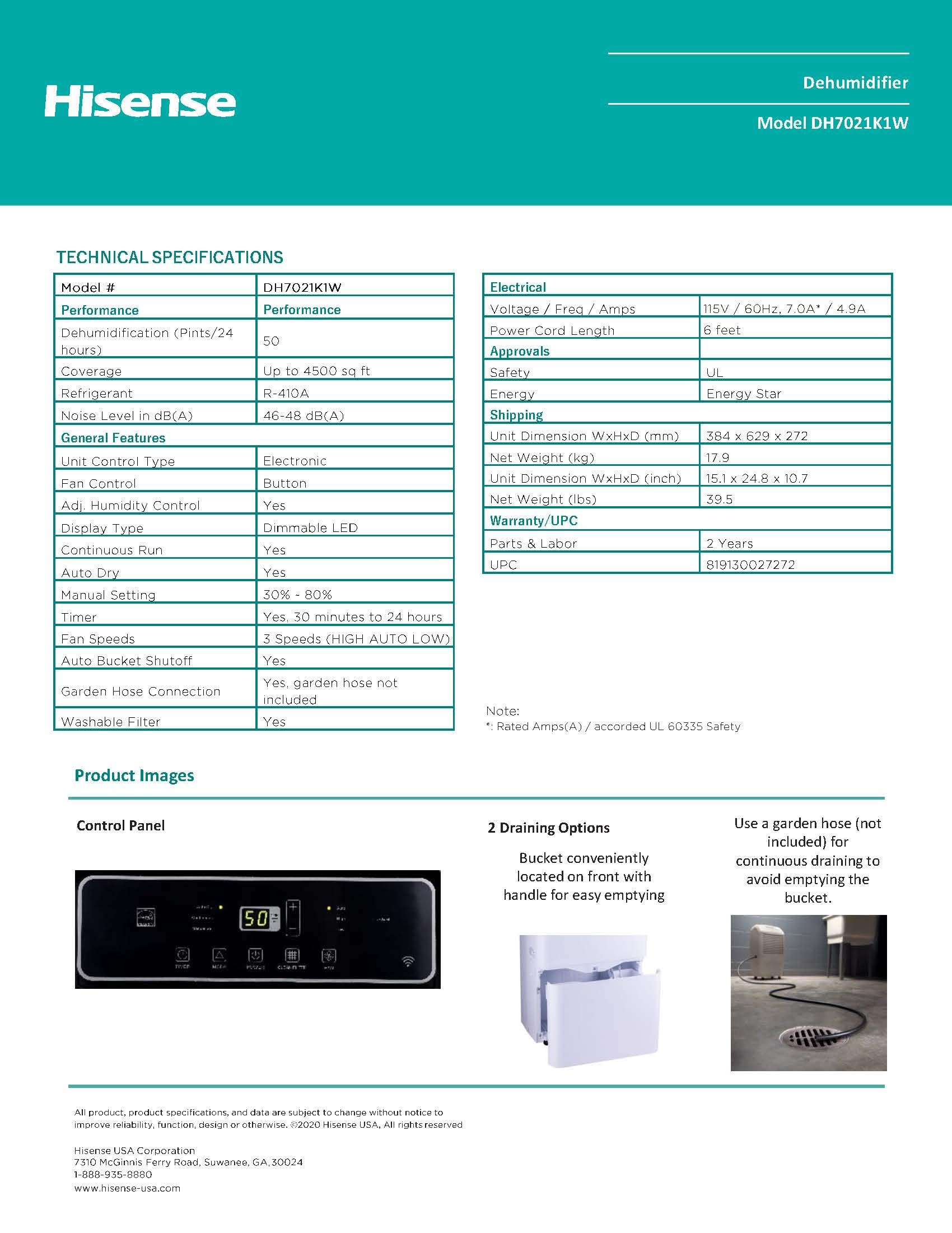 Snapklik.com : Hisense 50 Pint 3-Speeds Dehumidifier, 3 Modes Auto, Continuous, Manual, 115v ...