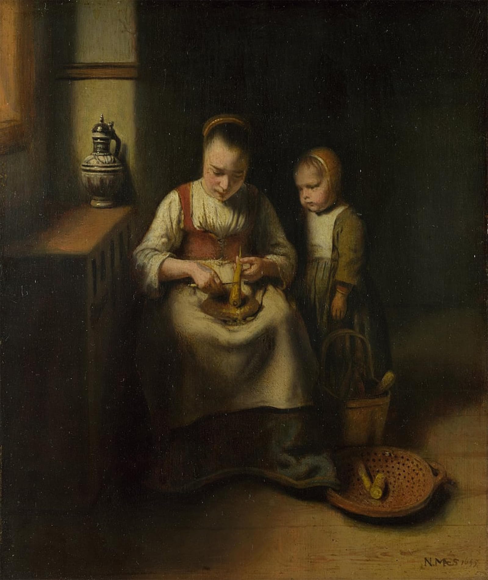 SERENDIPITP Aesthetic Poster Photo Wall Print Retro Picture a Woman Scraping Parsnips with a Child Standing by Nicolaes Maes Modern Wall Artwork for Home Decor 60x90cm