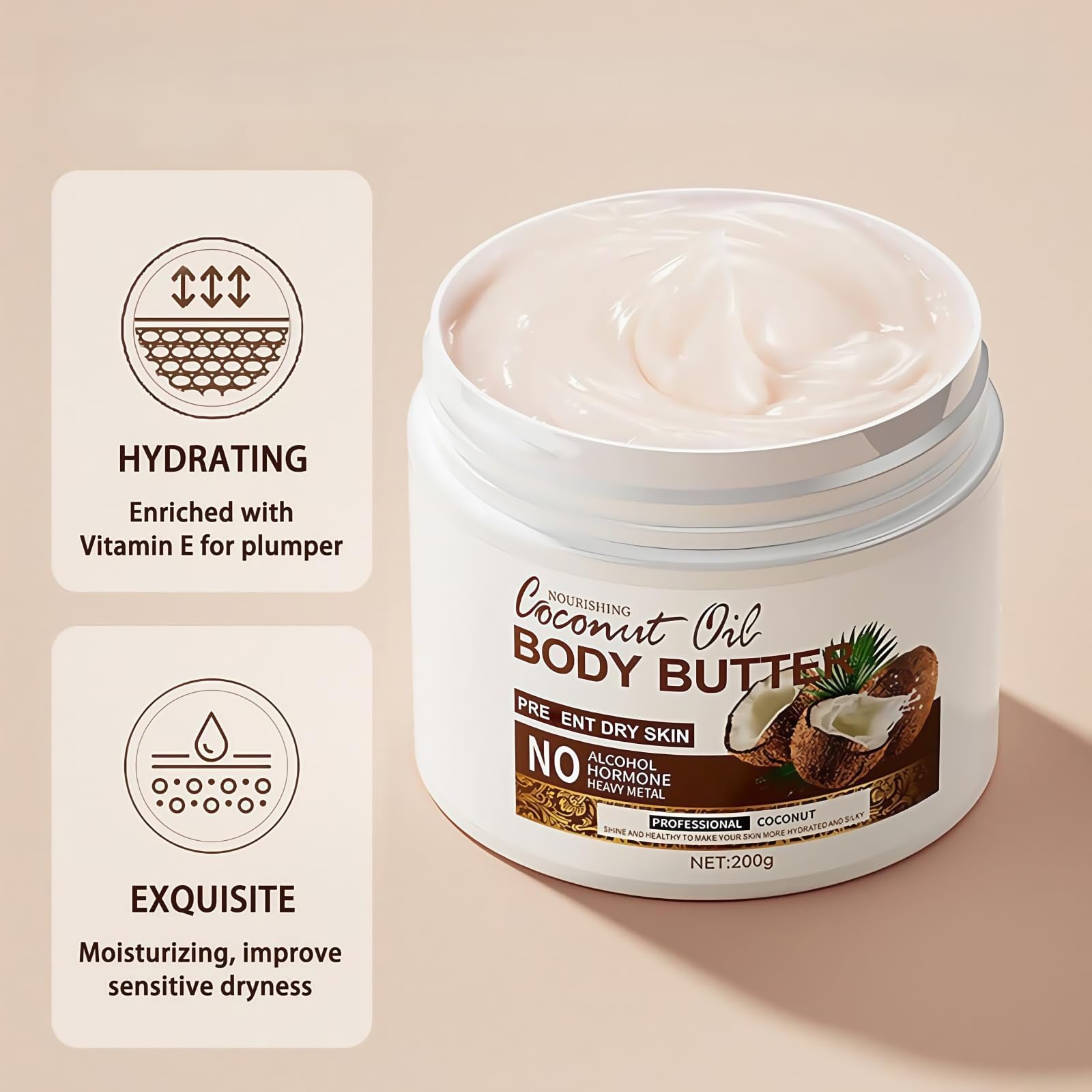 SinceReal Coconut Body Butter 200g, Coconut Oil Body Cream for Dry Skin Nourishing, Hydrating, Softens Skin - Image 3