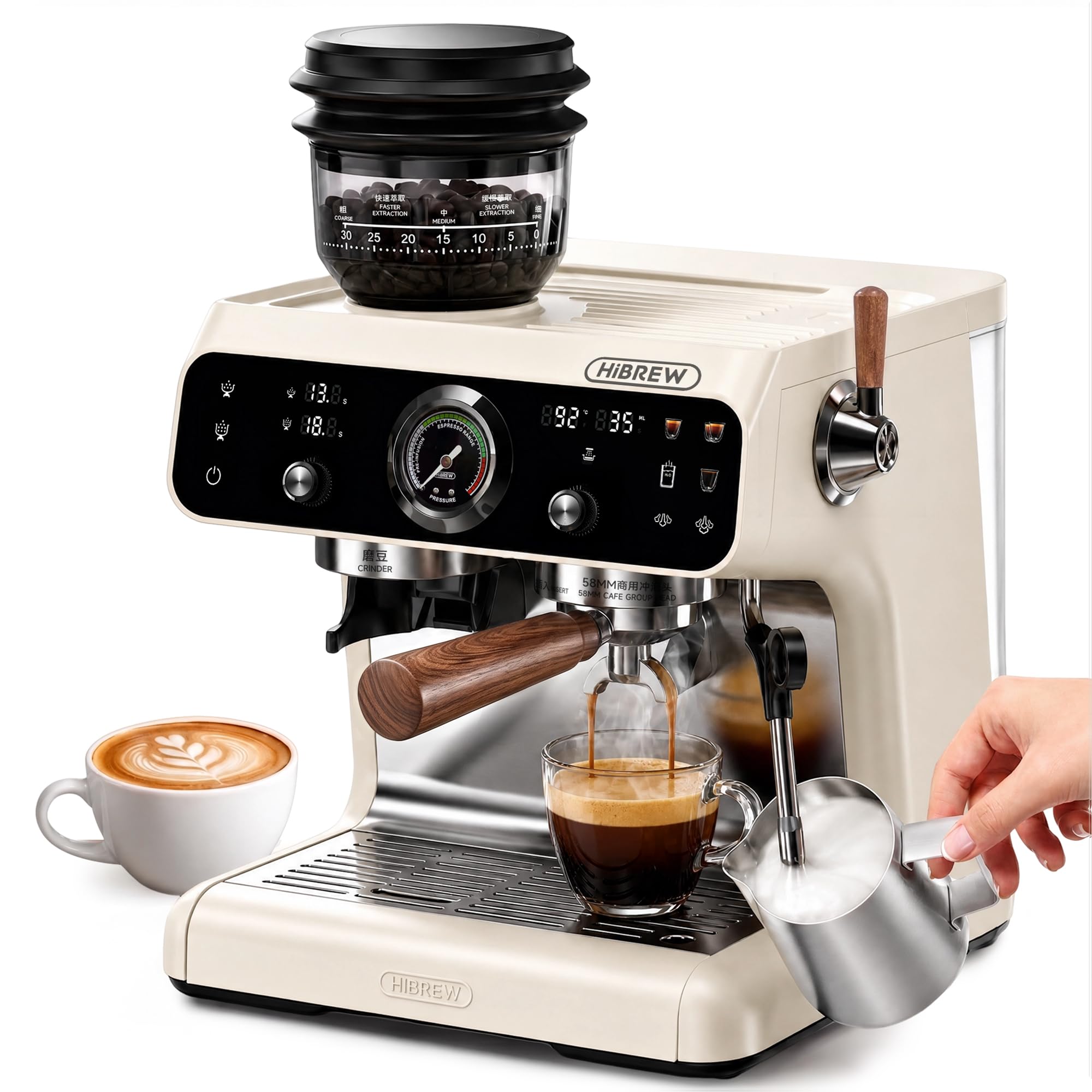 Hibrew H7B Espresso Machine with Built-in Grinder, 30-Position Conical Burr, Dual Heating System, PID Control, 58 mm Portafilter, 2800 W Steam Wand, 2,8 L Water Tank – Semi-Automatic Coffee Maker for