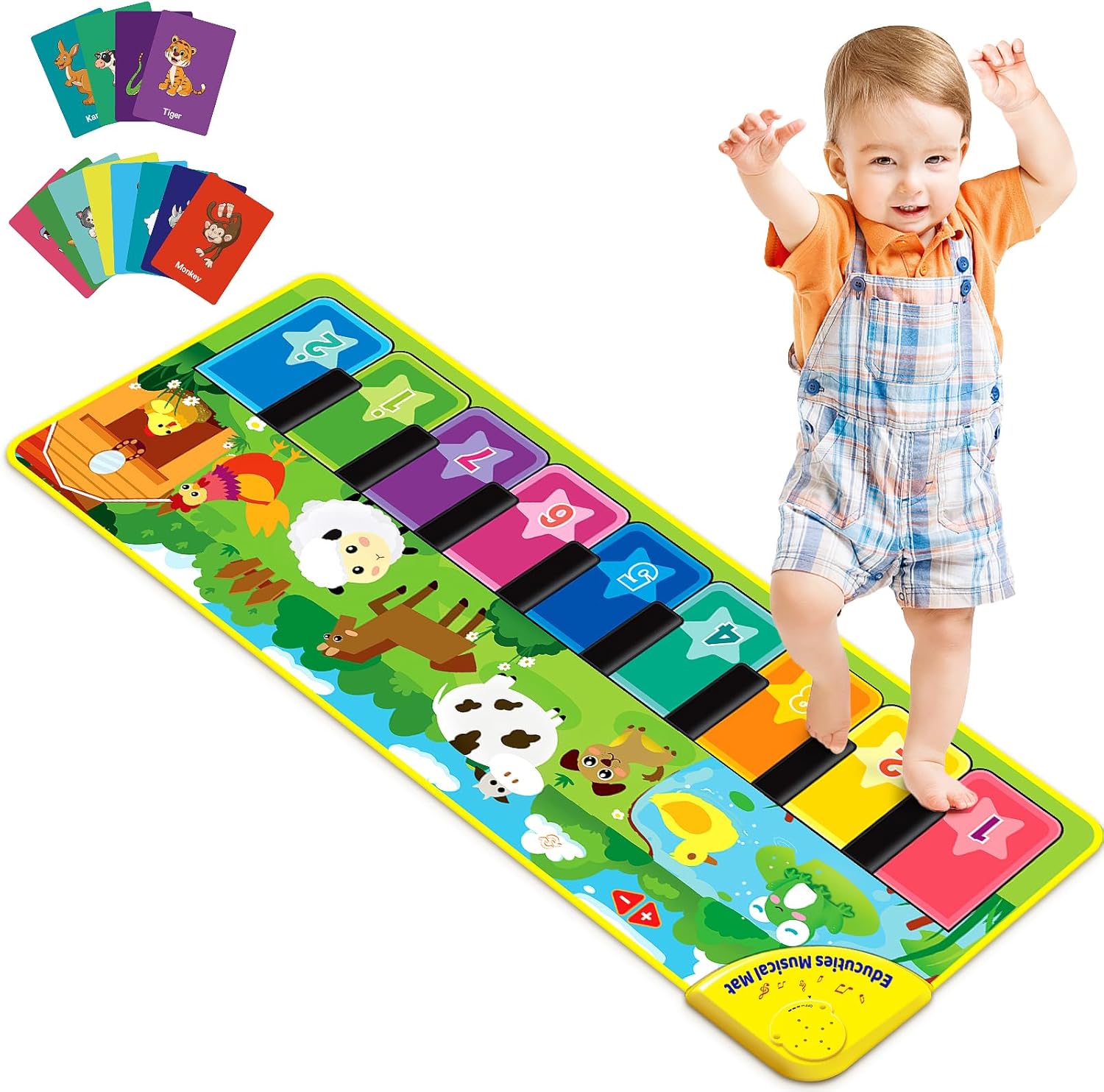 Baby Musical Learning Toys , Floor Piano Playmat for Toddlers with Animal Flash Cards Music Sound for Early Education Touch Keyboard Blanket Birthday for Baby Boys Girls