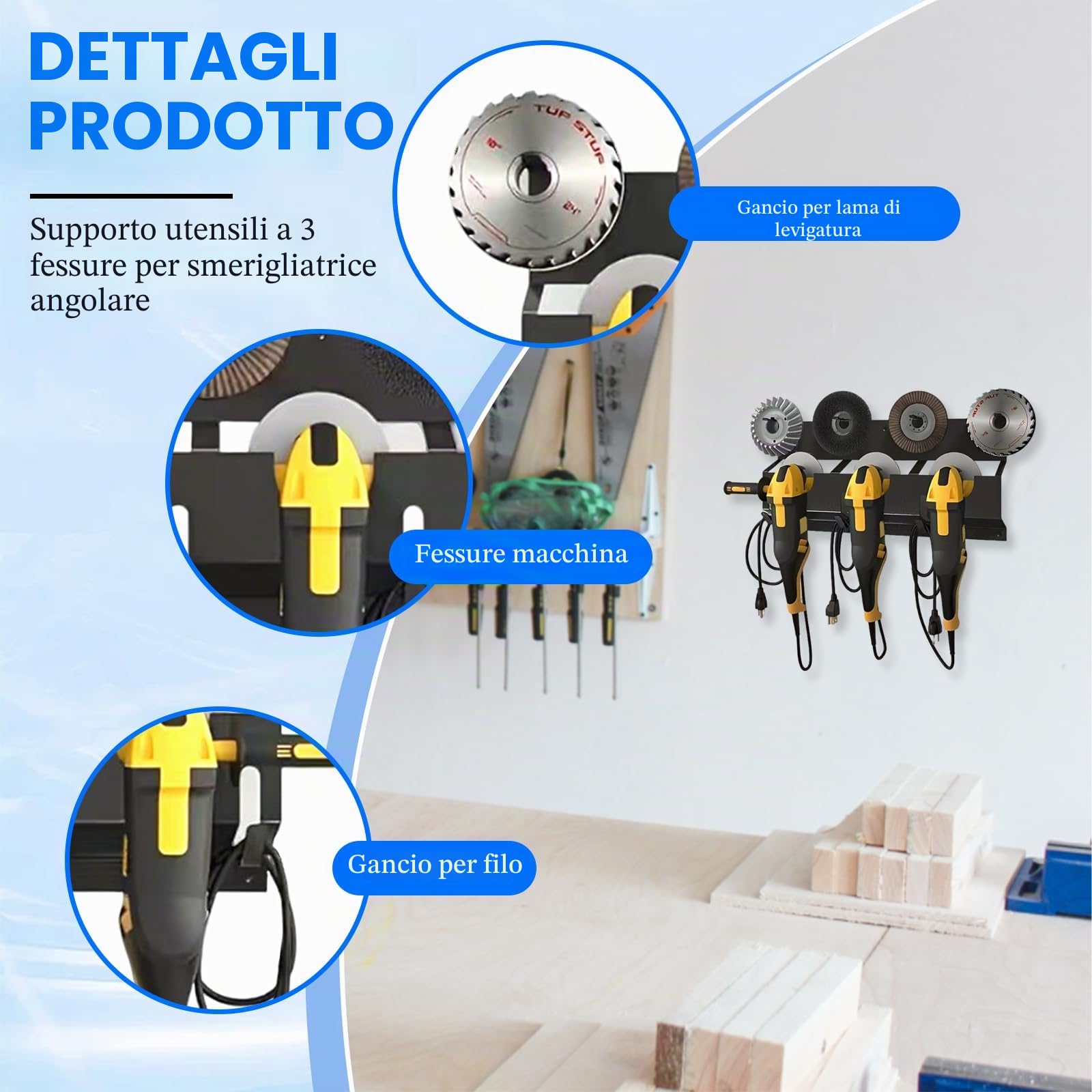TWSOUL Supporto per smerigliatrice angolare, supporto da parete 2 in 1 con gancio per filo e supporto per disco smerigliatrice angolare, supporto per lucidatrice, metallo, versatile