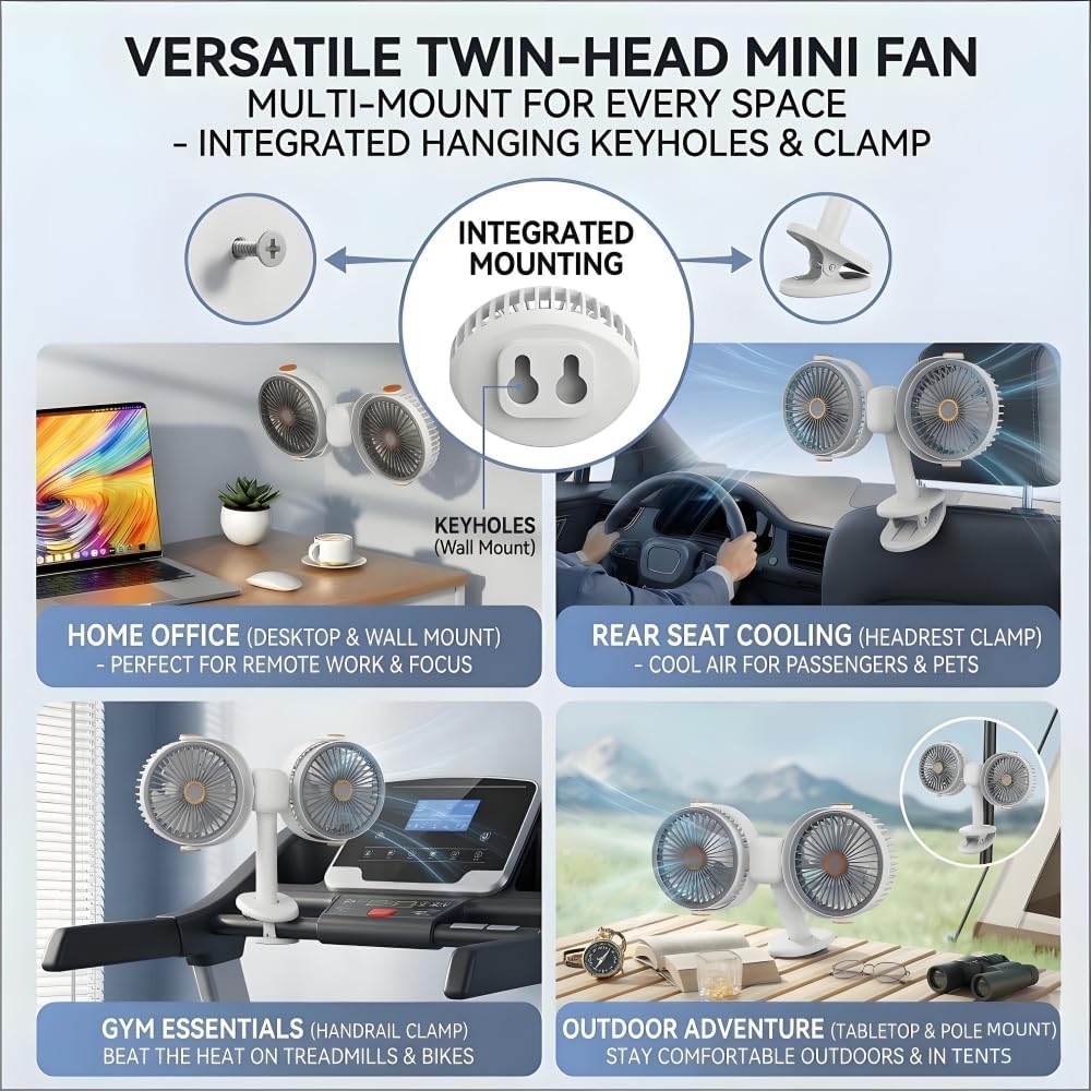 2026 New Dual Head Clip on Fan, 5 Speeds 12inch Desk Fan, USB C Rechargeable Portable Fan, Detachable Heads for Bedroom, Office, Bed, Tent (1)