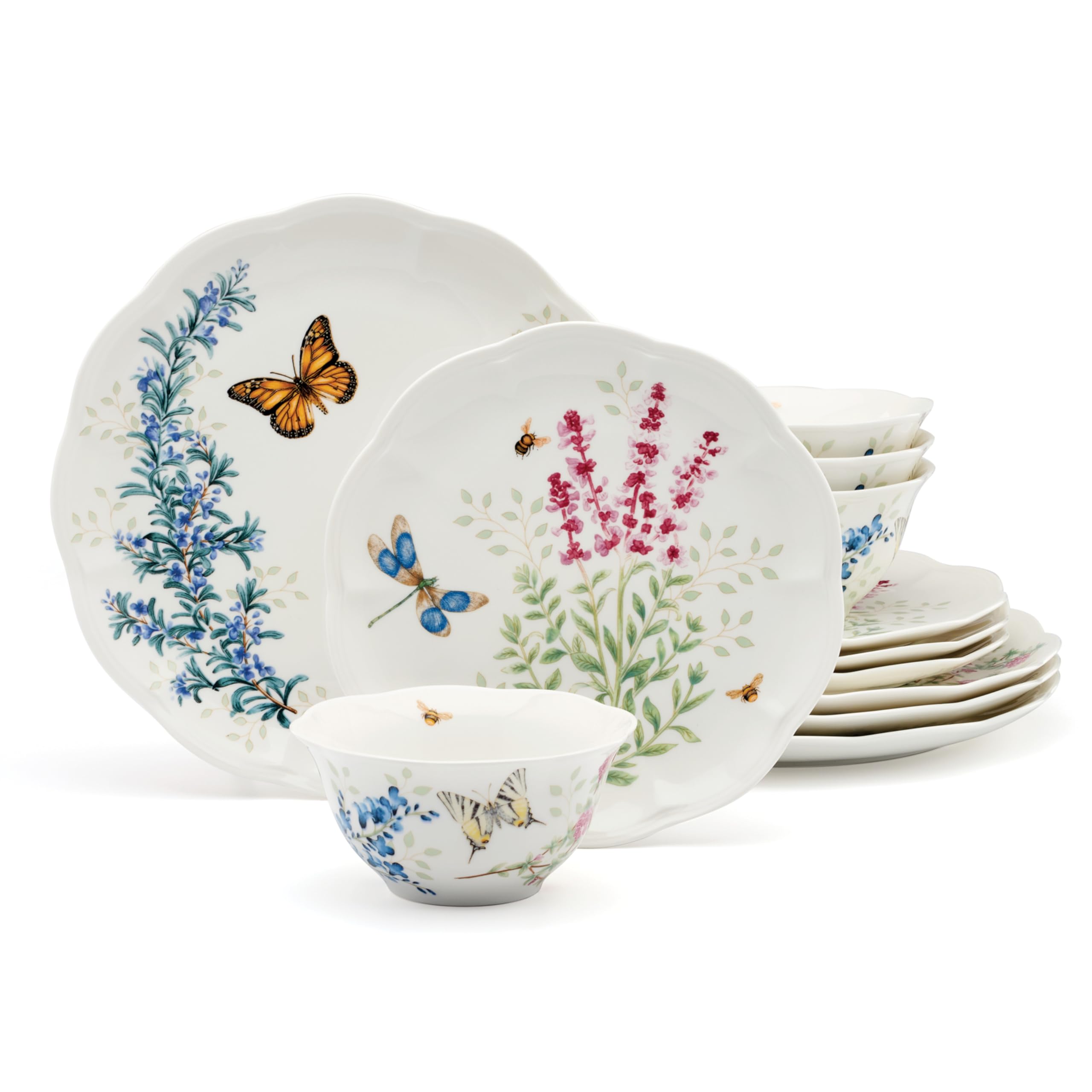 Lenox 897792 Tafelservice Butterfly Meadow Herbs 12-teilig | Keramik, spülmaschinenfest, mikrowellengeeignet | Teller und Schüssel-Sets für Küche und Esszimmer, Geschirrset, Geschirr