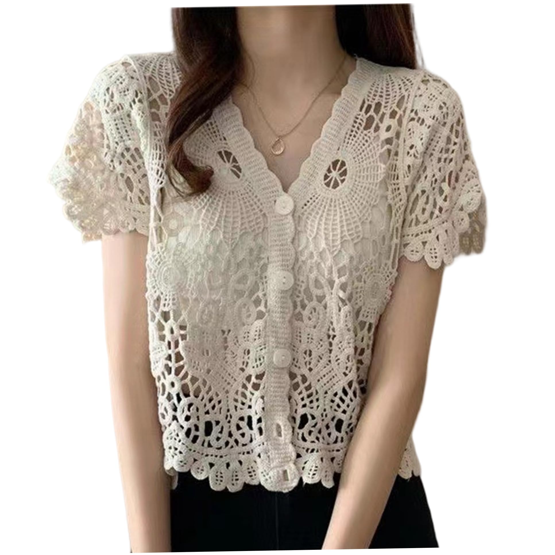 Cárdigan de Encaje para Mujer, cárdigan de Encaje Blanco Ahuecado de Manga Corta con Cuello en V, Encogimiento de Hombros de Ganchillo con Botones para Verano, Talla única, decoración
