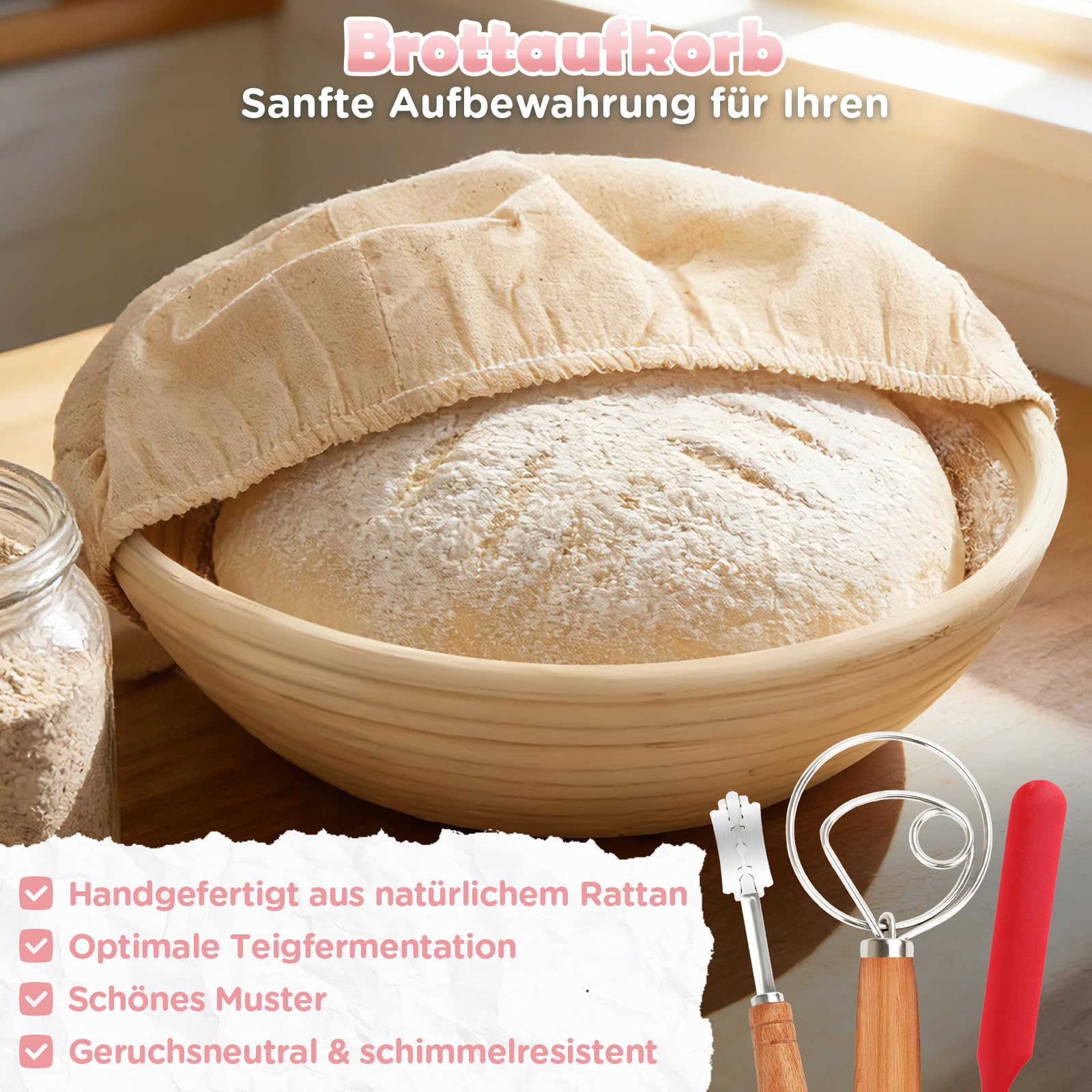 NZQXJXZ 26cm Gusseisen Topf Brot Backen 4,7L, Emaille Brotbackform mit Deckel & Garkorb Komplettset, Kirschrot, 2-in-1 Schmortopf ofenfest 500°C