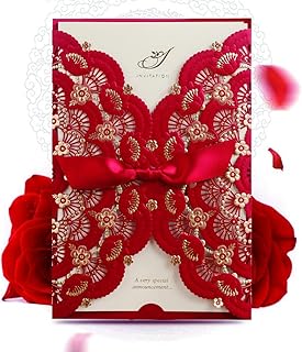 Hosmsua 50PCS Customized Red Wedding Invitations Cards with 5 x 7.4 Inch Laser Cut Rose Foil Gold Floral Pocket Invitions for Wedding Quinceanera Invite