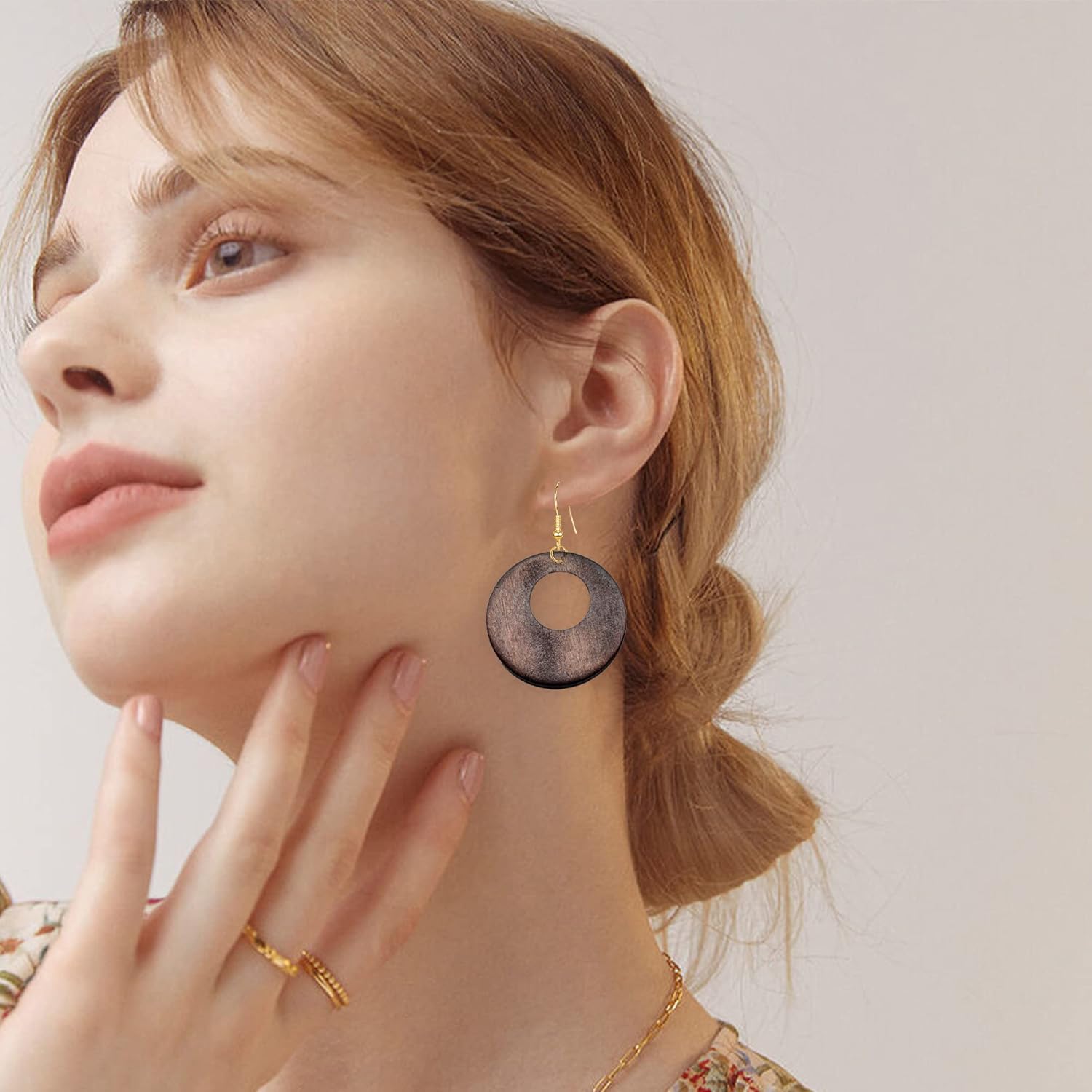 4 Pairs Round Wooden Statement Dangle Earrings for Women Girl Hollow Out Ethnic Wood Drop Earrings Stainless Steel Stud - Image 5