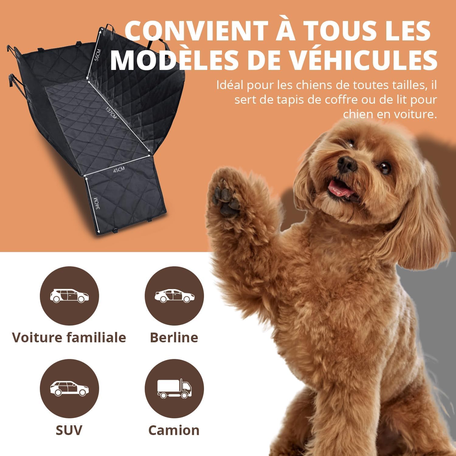Couverture pour chien pour banquette arrière de voiture – Protection de coffre, siège imperméable pour chien avec protection latérale, couverture de voiture antidérapante, laisse pour chien,