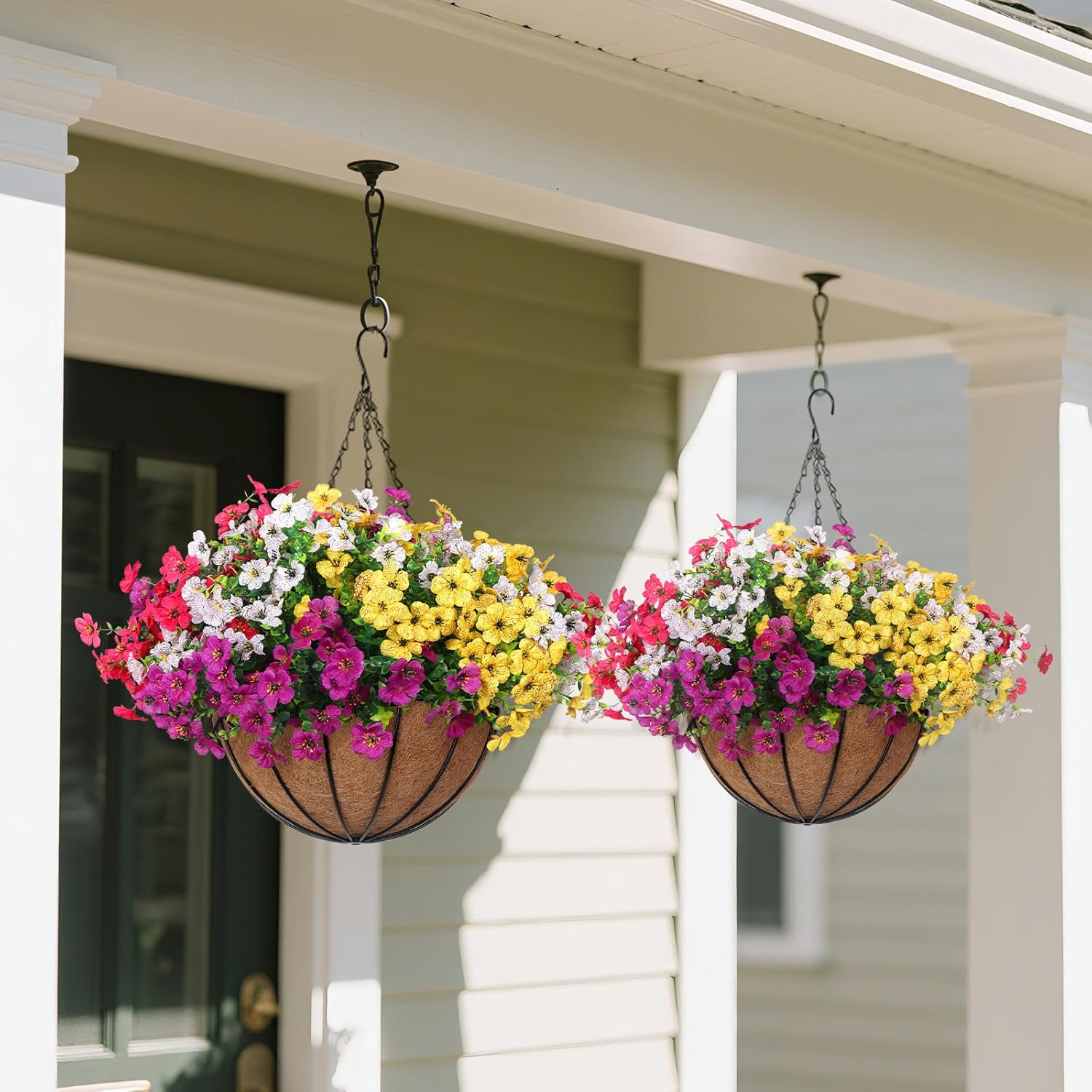 2 Set Outdoor Artificial Hanging Baskets, 32 Pcs Artificial Flowers Hanging Planters for Spring Summer Front Porch Patio Yard Garden Home Decor (Purple, Yellow, Hot Pink, Creamy White) - Image 5