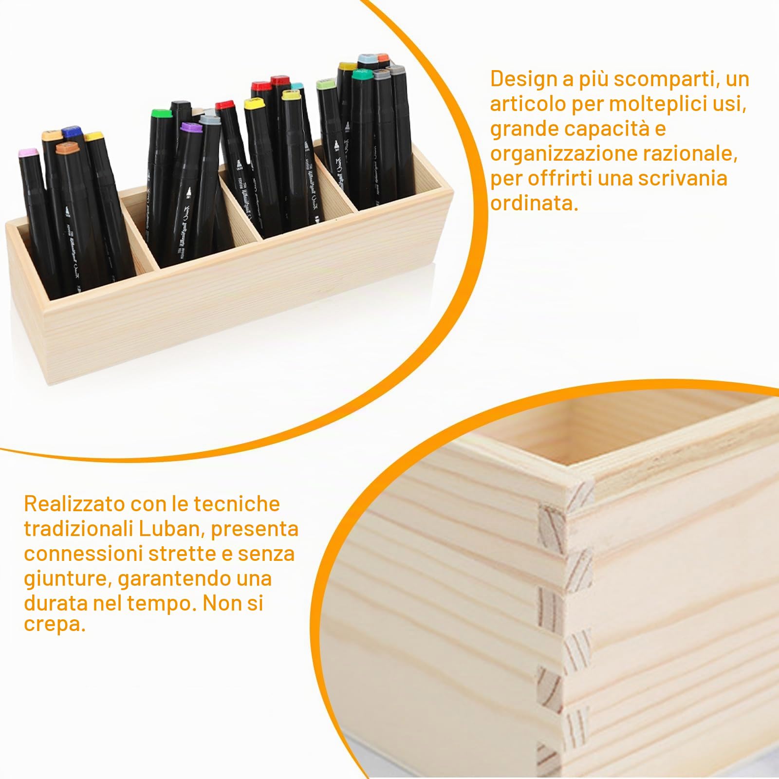 Set di 2 portapenne, quadrati, 8 scomparti, in legno naturale, per fai da te, 31 x 8,7 x 8 cm