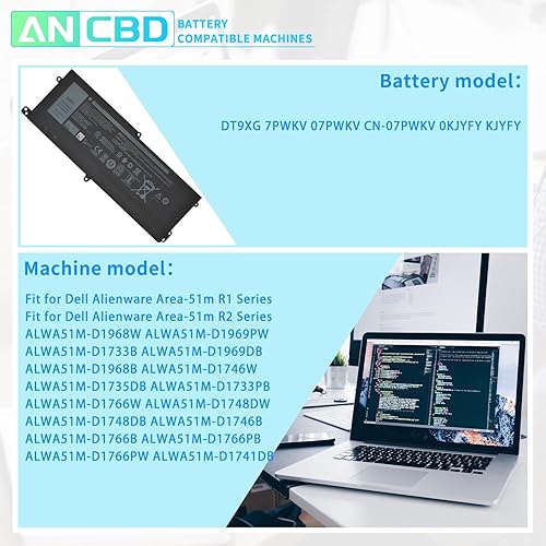 Miniatura 5 de ANCBD DT9XG - Batería para portátil Dell Alienware Area-167.3 ft R1 R2 D1968W D1968B D1969PW D1733B D1746W D1735DB D1733PB D1766W D1748DW D1746B