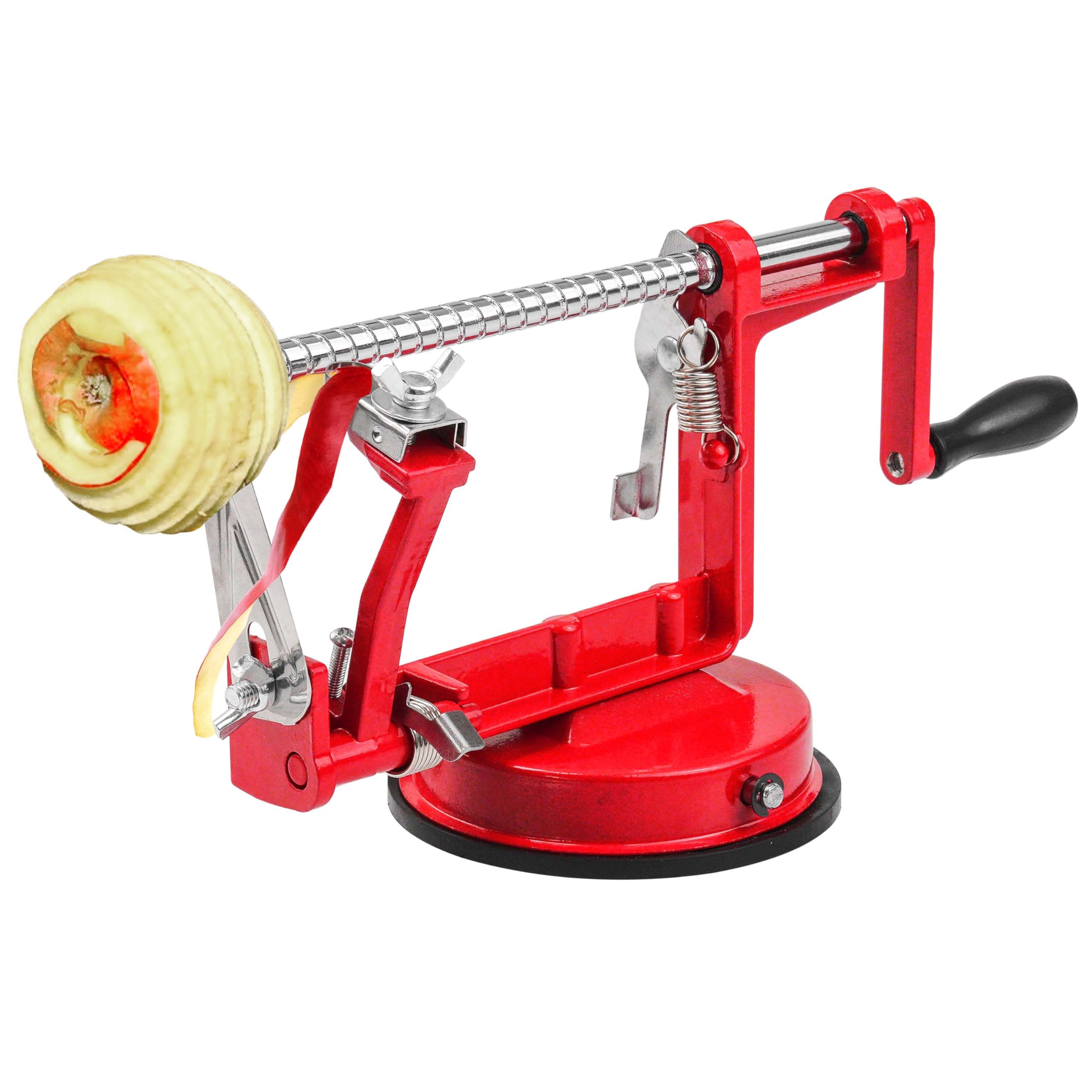 Crystals Apple Peeler - Potato + Vegetable Peelers for Kitchen, Fruit Peeling Machine, Stainless Steel Corer Cutter Slicer Spiral Peel Tool - Easy to Use - Red
