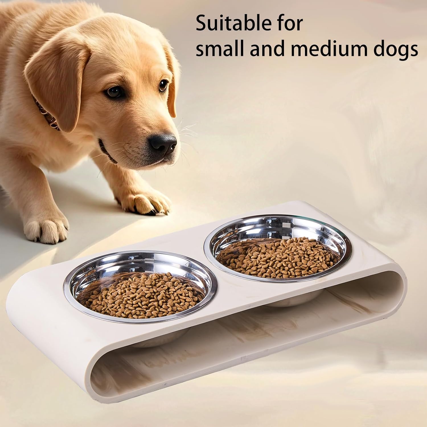 Beige Marble Elevated Dog Bowls Set - 2 Thick 6" Stainless Steel Puppy Food Bowl with Non-Slip Raised Holder Stand, Double Feeding Bowls for Food and Water, Suitable for Cats and Small Medium Pet - Image 5