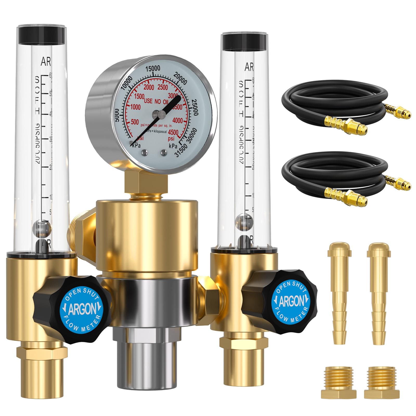 BETOOLL Dual Output Argon Regulator - MIG/TIG Flow Meter Gas Gauge with 2PCS 6.6 Feet Hoses, 0-60 SCFH, 0-4500 PSI, CGA580 Inlet Connection for Argon/CO2