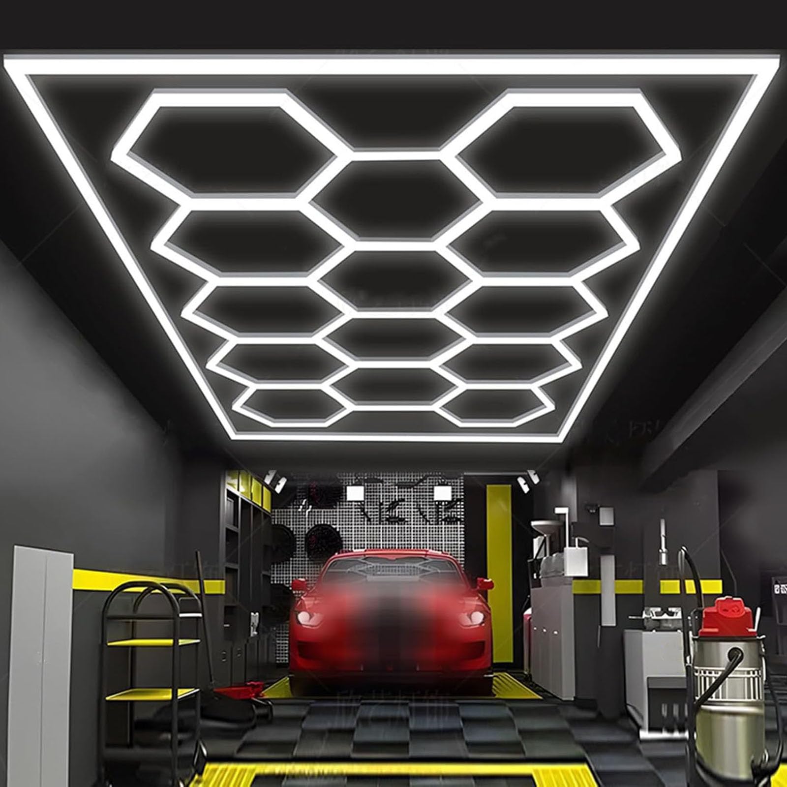 Lampe LED Hexagone,Plafonnier LED nid d'abeille,Lampe garage hexagonale,adaptés garages,lave-autos,salles fitness,centres commerciaux 14
