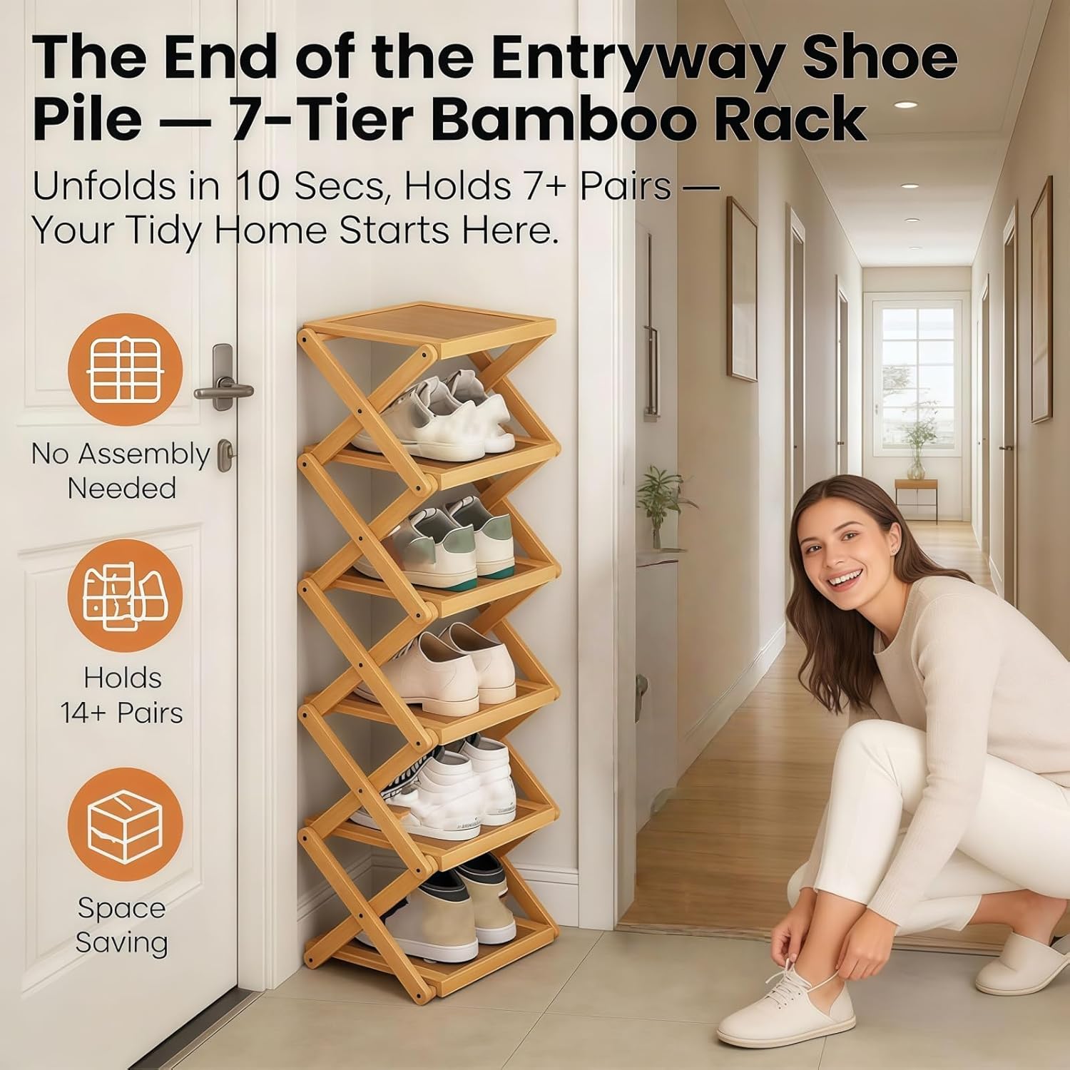 9 Tier Bamboo Shoe Rack,Bamboo Collapsible Shoe Rack 2-10 Tiers,Natural or Tea Color,Space-Saving Accordion Shoe Rack Wooden for Entryways, Corners, Bedrooms, Balconies (Yellow, 5)