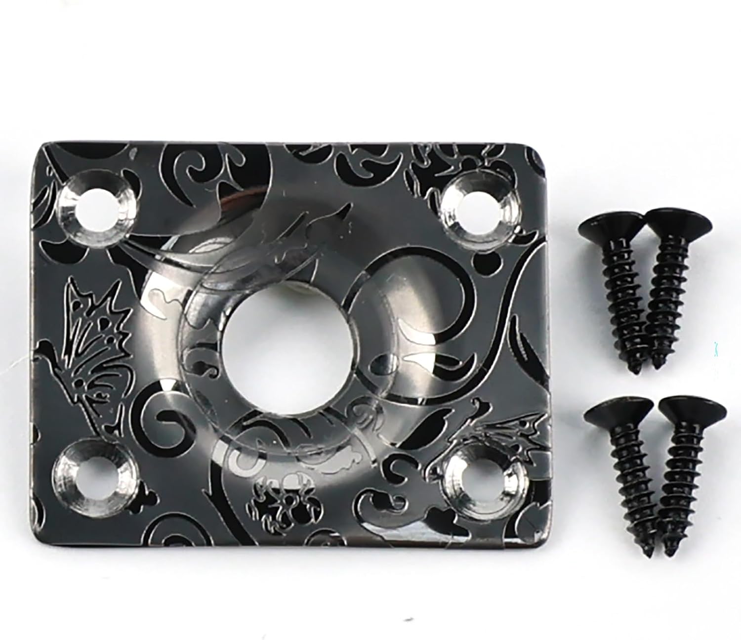 Flat Bottom Jack Socket Plate Engraved Stainless Steel Rectangle Electric Guitar Output Jackplate Compatible with LP Les Paul Tele Telecaster Guitar Replacement Parts（Black）