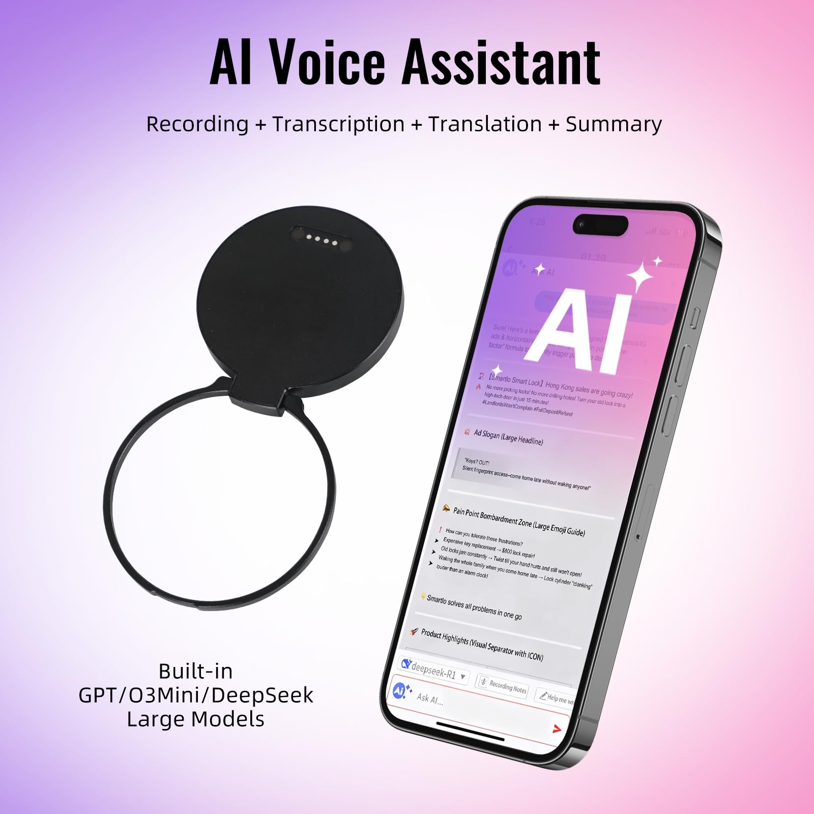 Registratore vocale AI, registratore vocale da 64 GB con supporto magnetico, trascrizione AI, mappa mentale e riepilogo tramite app, supporta 189 lingue, registratore digitale portatile per lezioni