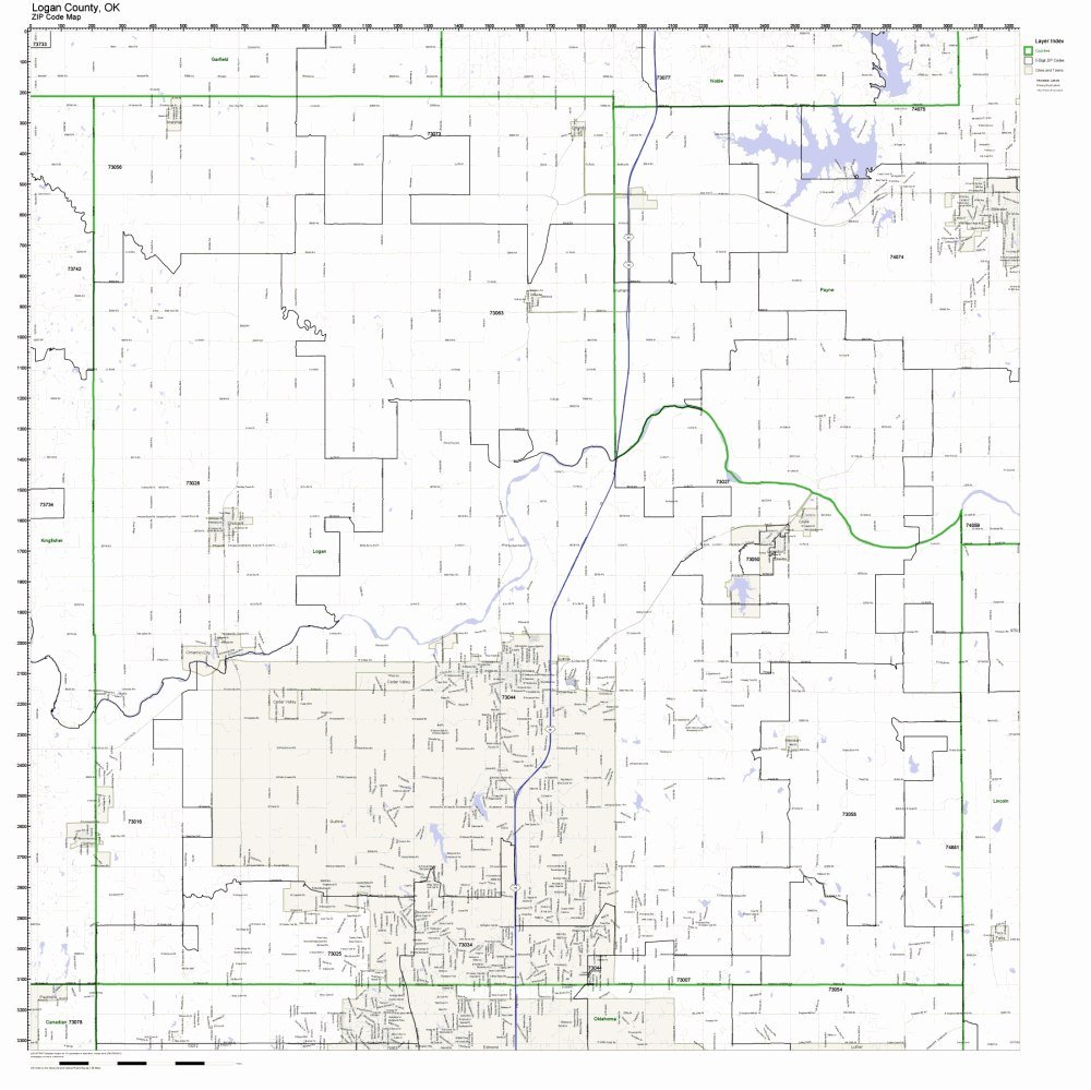 Logan County, Oklahoma OK ZIP Code Map Not Laminated