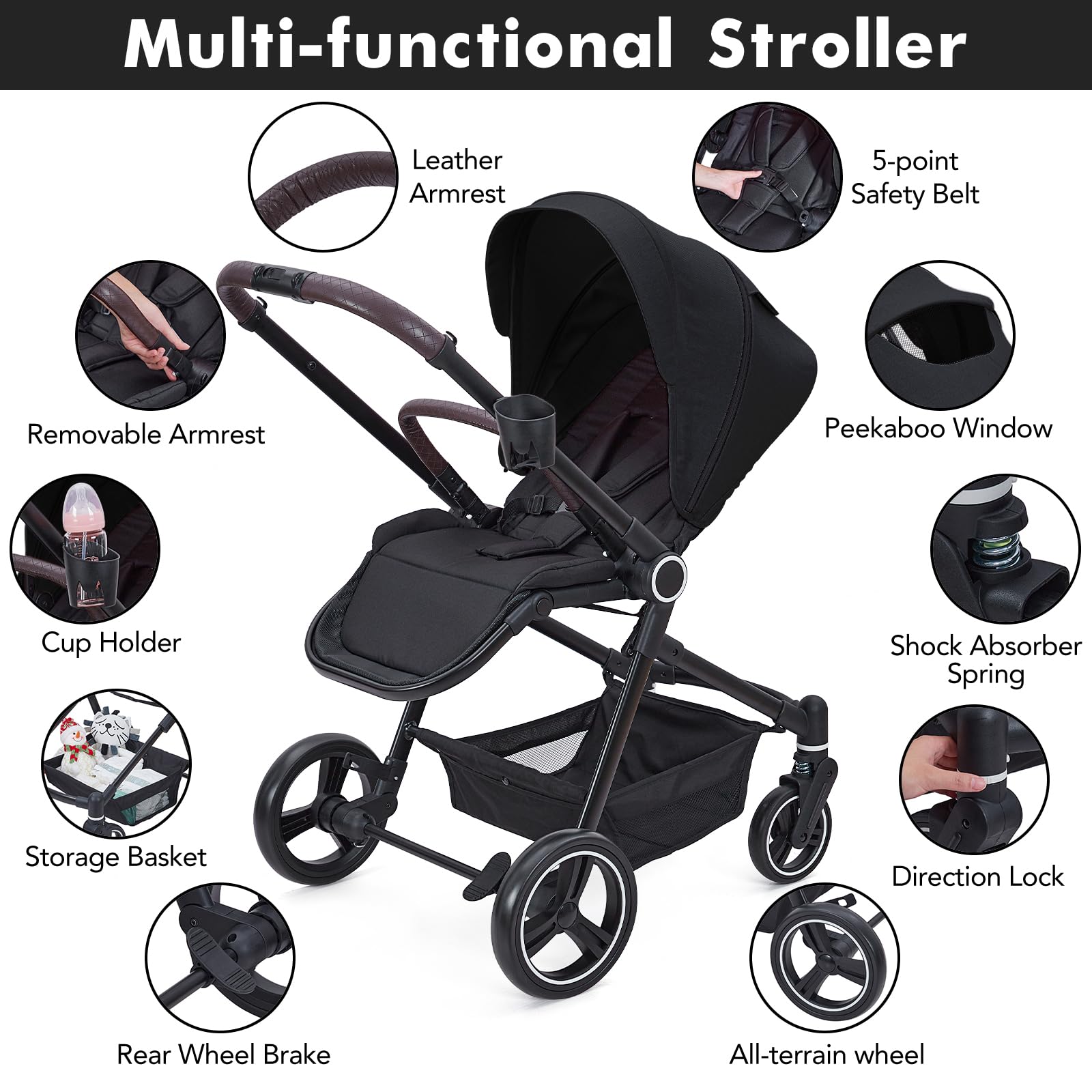 Garvee Poussette 2 en 1 Réversible pour Nouveau-Né à 36 Mois (22Kg) - Pliable Compacte, Siège Sécurité 5 Points, Grande Capote Anti-UV, Noir