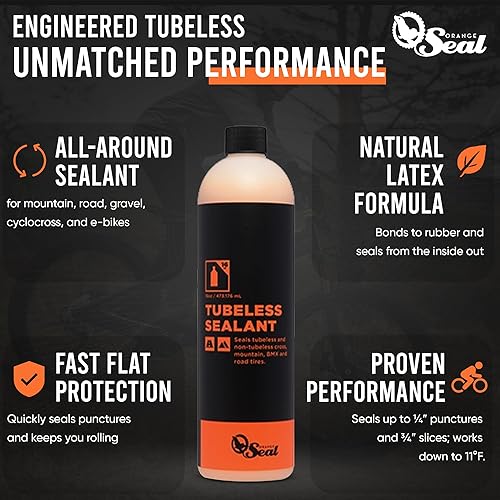 Miniatura 9 de Orange Seal - Sellador de neumáticos de bicicleta sin cámara de fórmula regular con inyector  Sellado rápido, punción de hasta 14 pulgadas  para