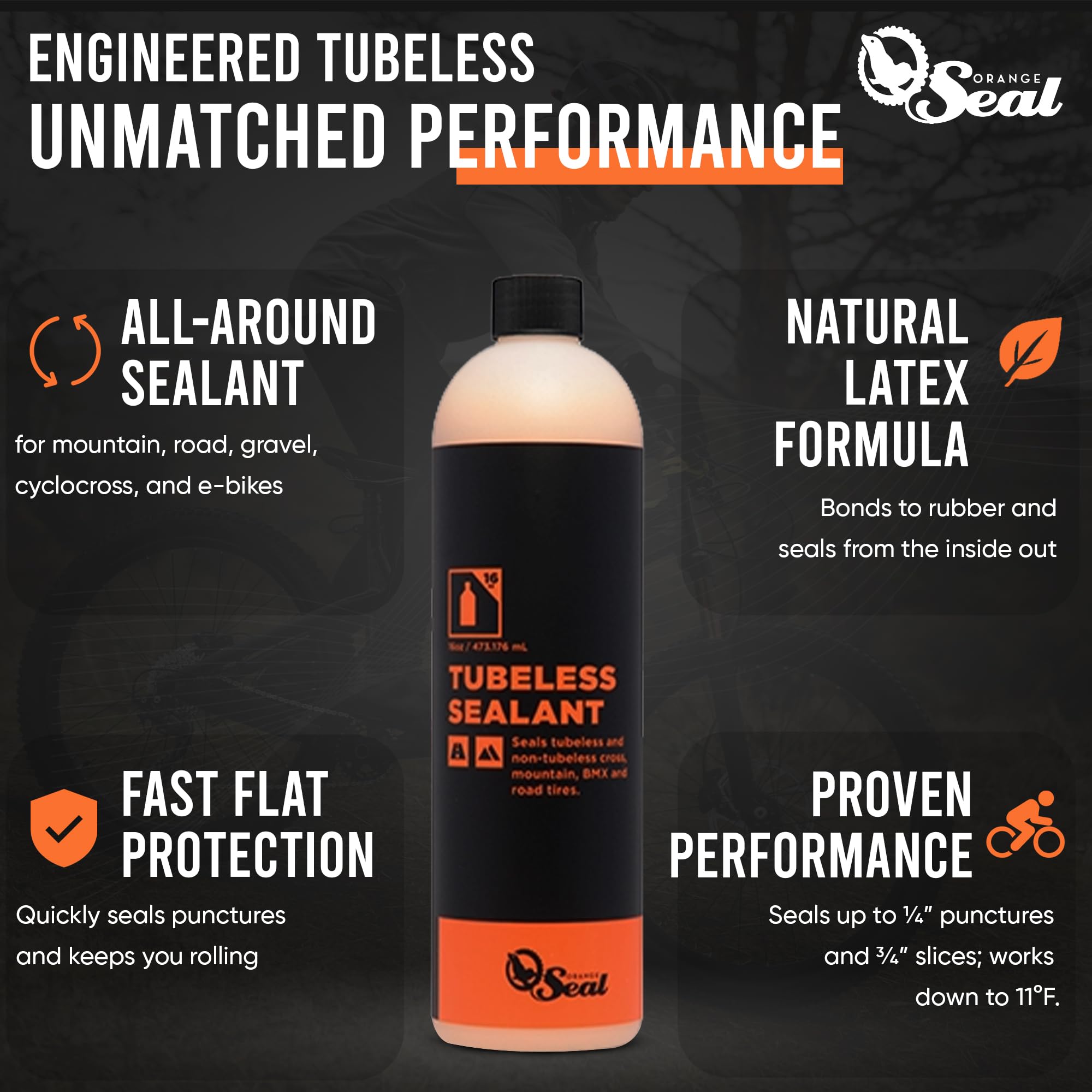 Orange Seal - Regular Formula Tubeless Bike Tire Sealant | Fast Sealing, up to 1/4" Puncture | for MTB, Road, CX and Gravel Bicycle Tires | 16oz Refill