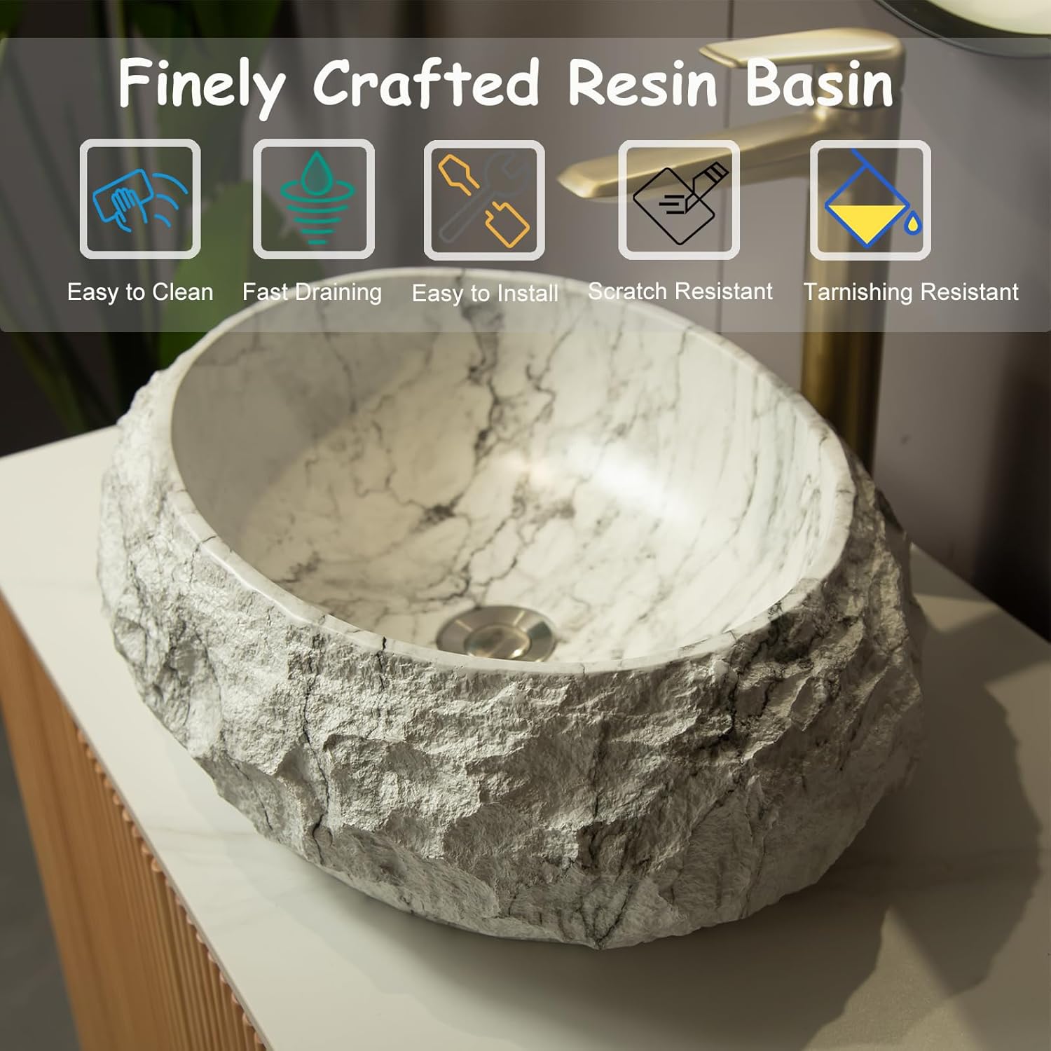 Ambrovina 18" Bathroom Sink, Irregular Oval Resin Vessel Sink with Stone Pattern, Artistic Style Basin, Modern Above Counter Basin, 17.72 x 15.75 x 5.91 inches, White