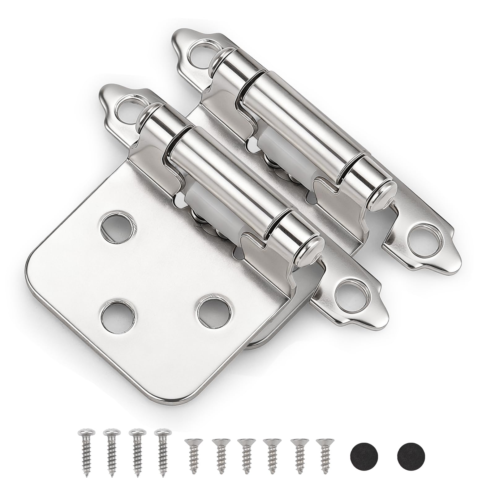  (25 Pairs) Brushed Nickel Cabinet Hinges, Overlay (Variable) Hinges for Kitchen Cabinets, Decorative Self Closing Cupboard Hinges Flush Mount with Door Bumper & Screws
