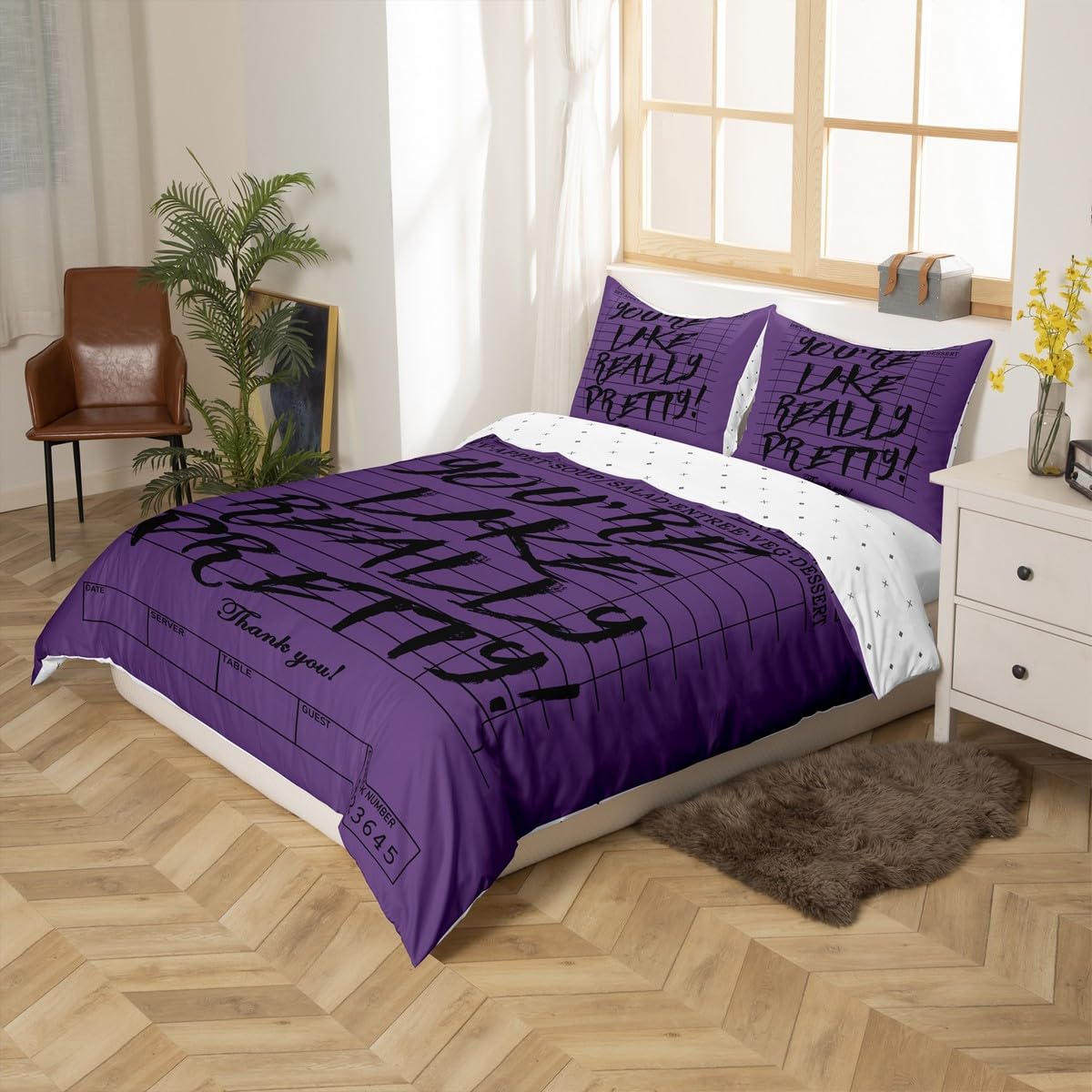 Purple You Look So Pretty Duvet Cover Toddler Size Passion Alphabet Bedding Set for Kids Boys Girls Decor Powerful Letter Comforter Cover Soft Microfiber Bedroom Decor Bedclothes