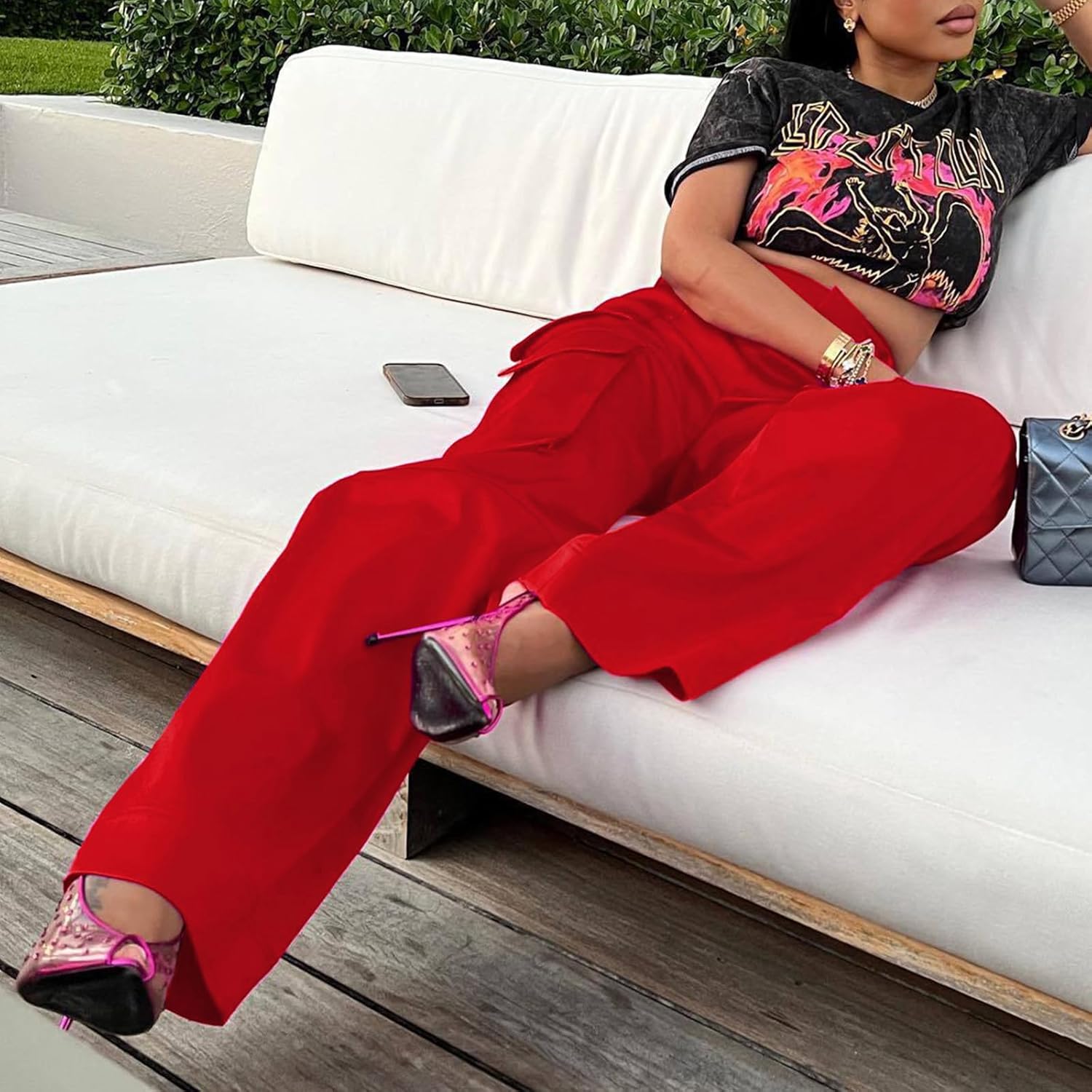 XZLUFNY Satin Cargo Pants for Women High Waist Multiple Pockets Wide Leg Trouser - Image 2