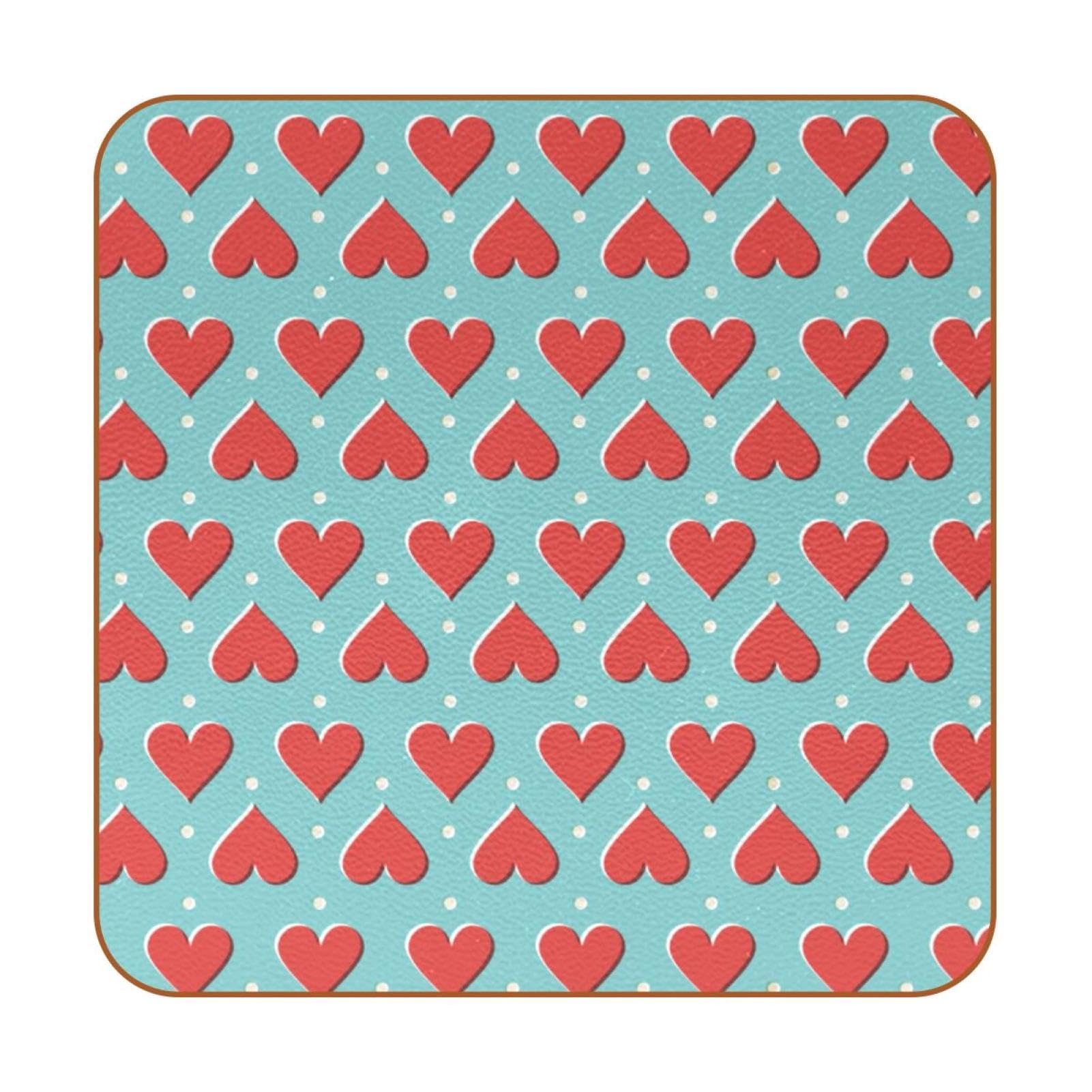 Squre Drink Coasters set of 6 - Retro Red Love Heart Dot Pattern Non-Slip Leather Coaster Set - Decorative Cup Coasters for Kinds of Mugs and Cups