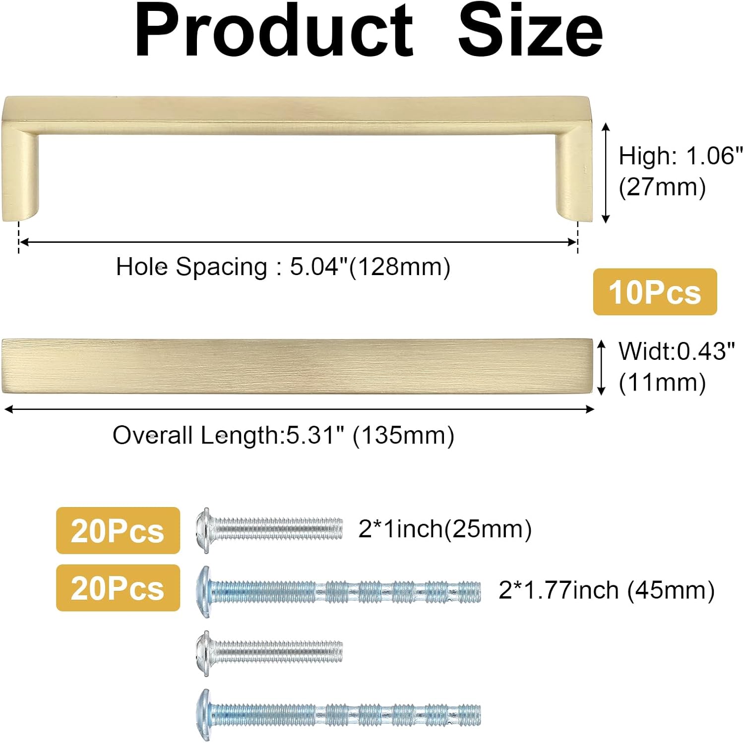 10 Pack 5 Inch Gold Cabinet Handles | Brass Square Brushed Cabinet Pulls Kitchen Cabinets Hardware Drawer Pulls for Dresser Cupboard Wardrobe and Closets