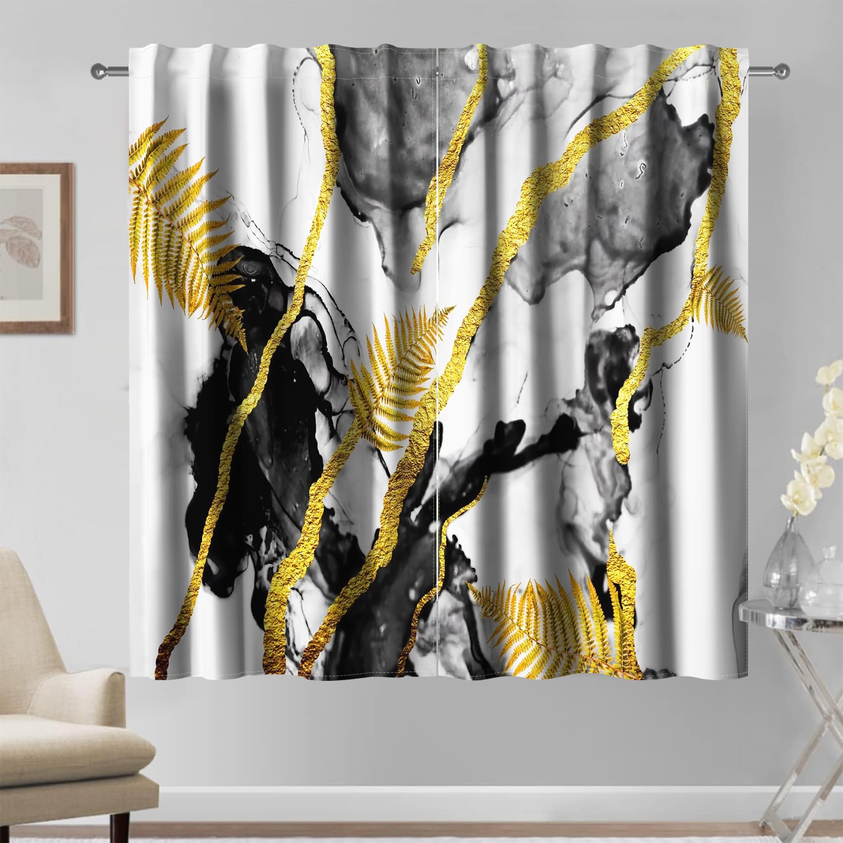 Kzzfqxb Cortinas de mármol Blanco y Negro, Pintura de Tinta y Lavado de Hojas Doradas, Cortinas de lujopara la Sala de Estar y el Dormitorio, 140×229cm 2 Paneles, Arte Moderno
