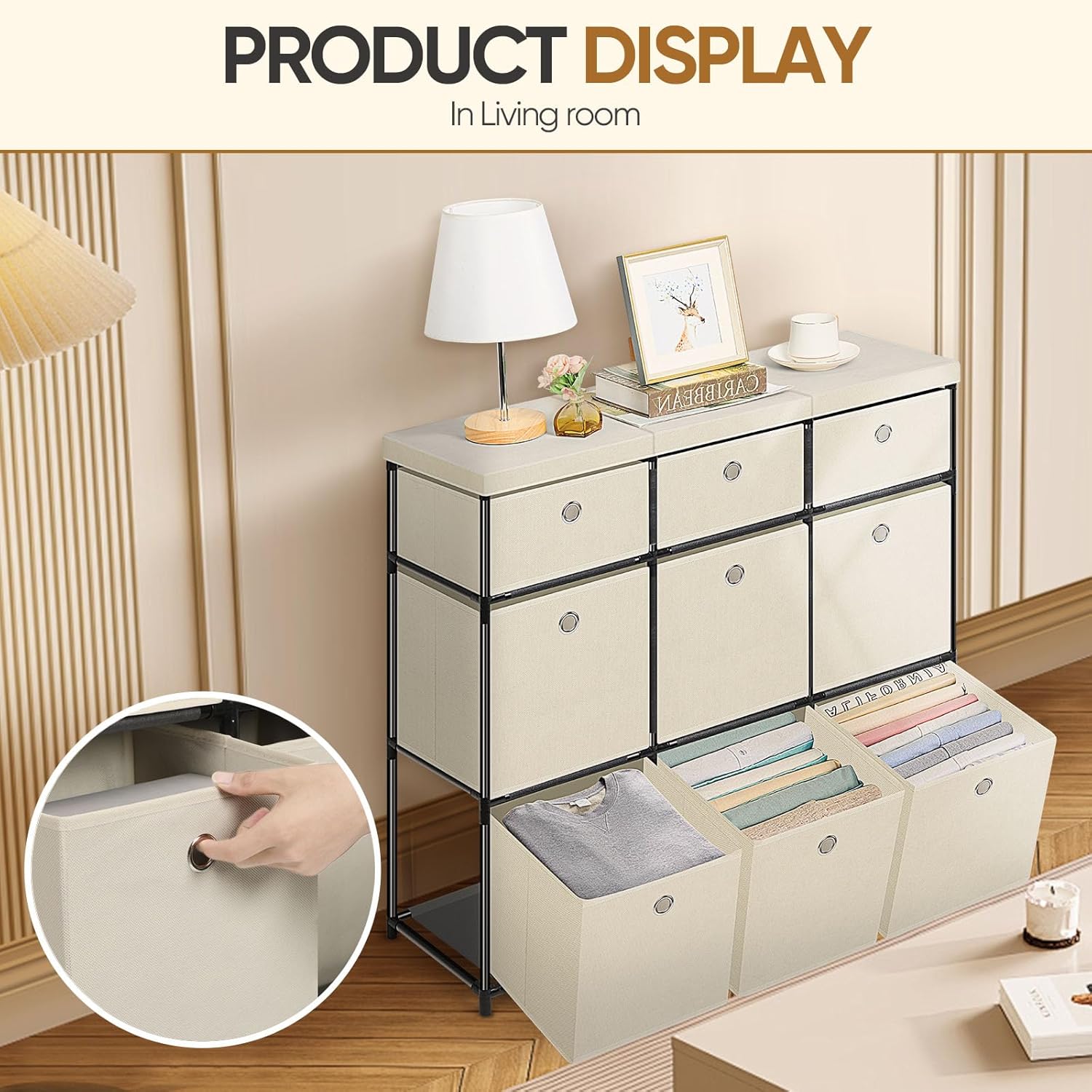 HAITRAL 9 Cube Storage Organizer, Fabric Storage Chest Drawers Organizer Unit for Closet, Easy Assembly Clothes Closet Dresser for Bedroom,Dorm,Hallway, Storage Bins (White)