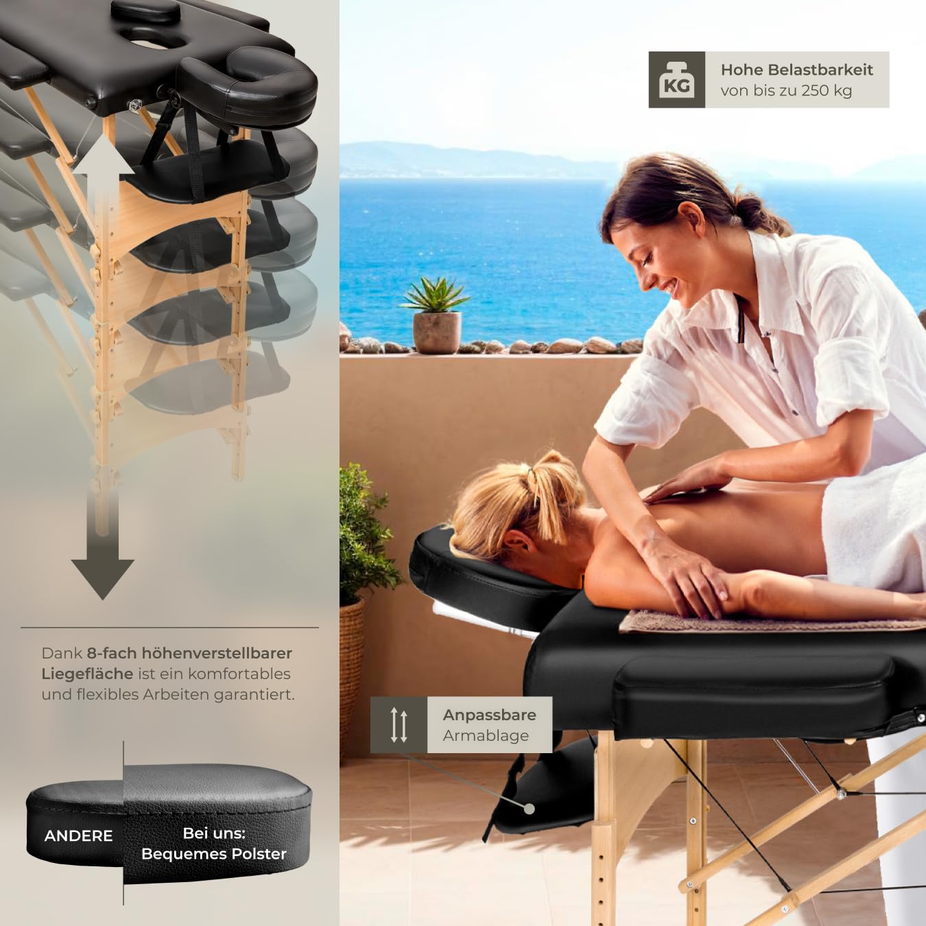 tectake® Mobile Massageliege 3 Zonen, höhenverstellbar, klappbar, Zubehör Kopfstütze, Tasche, belastbar bis 250kg, Möbel für Kosmetik, Massage, Tattoo Zubehör, Physiotherapie Zubehör - schwarz