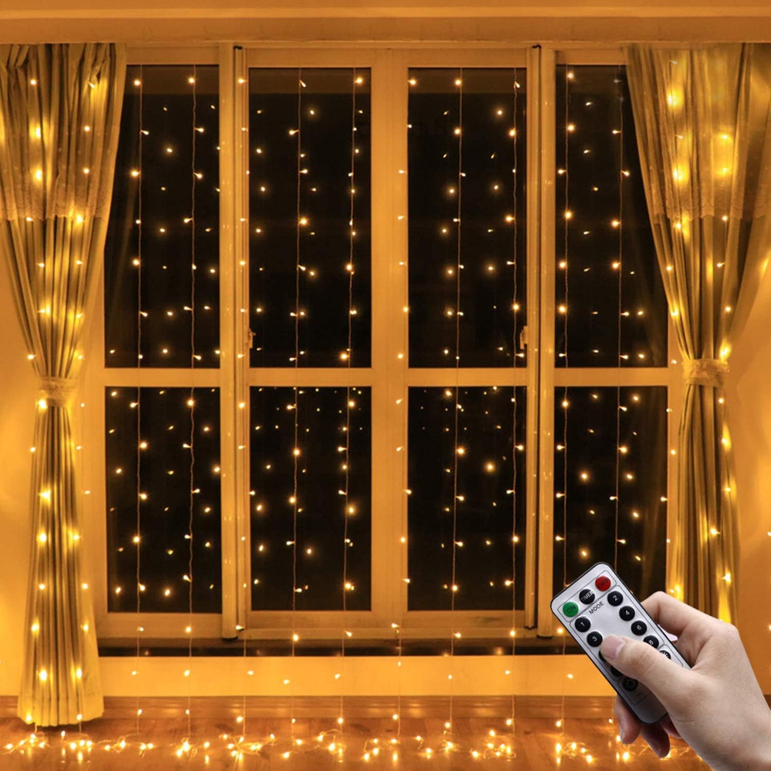 LED Curtain Lights, QcoQce Window Curtain Fairy Lights, 300 LEDs, 3M × 3M, 8 Modes Icicle String Lights with Remote Control for Outdoor Party Wedding Christmas Garden Bedroom Decoration