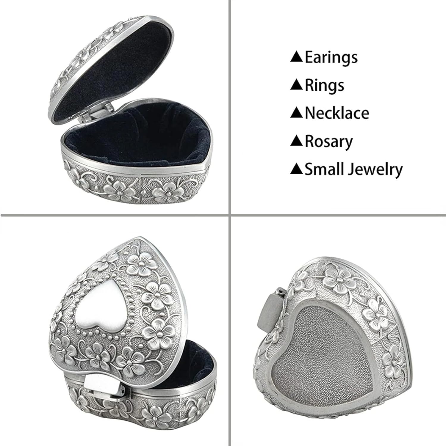 Walfront Elegant Vintage Heart Shape Ring Box Small Trinket Jewelry Storage Organizer Gift for Women Girls Silver