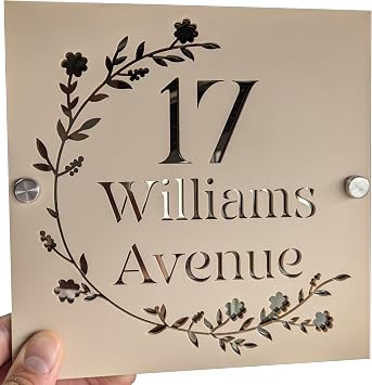 House Sign Personalised Door Number Floral 180x180mm Address Bar Signs Wall Plaques Numbers Shed Custom Black Grey Cream