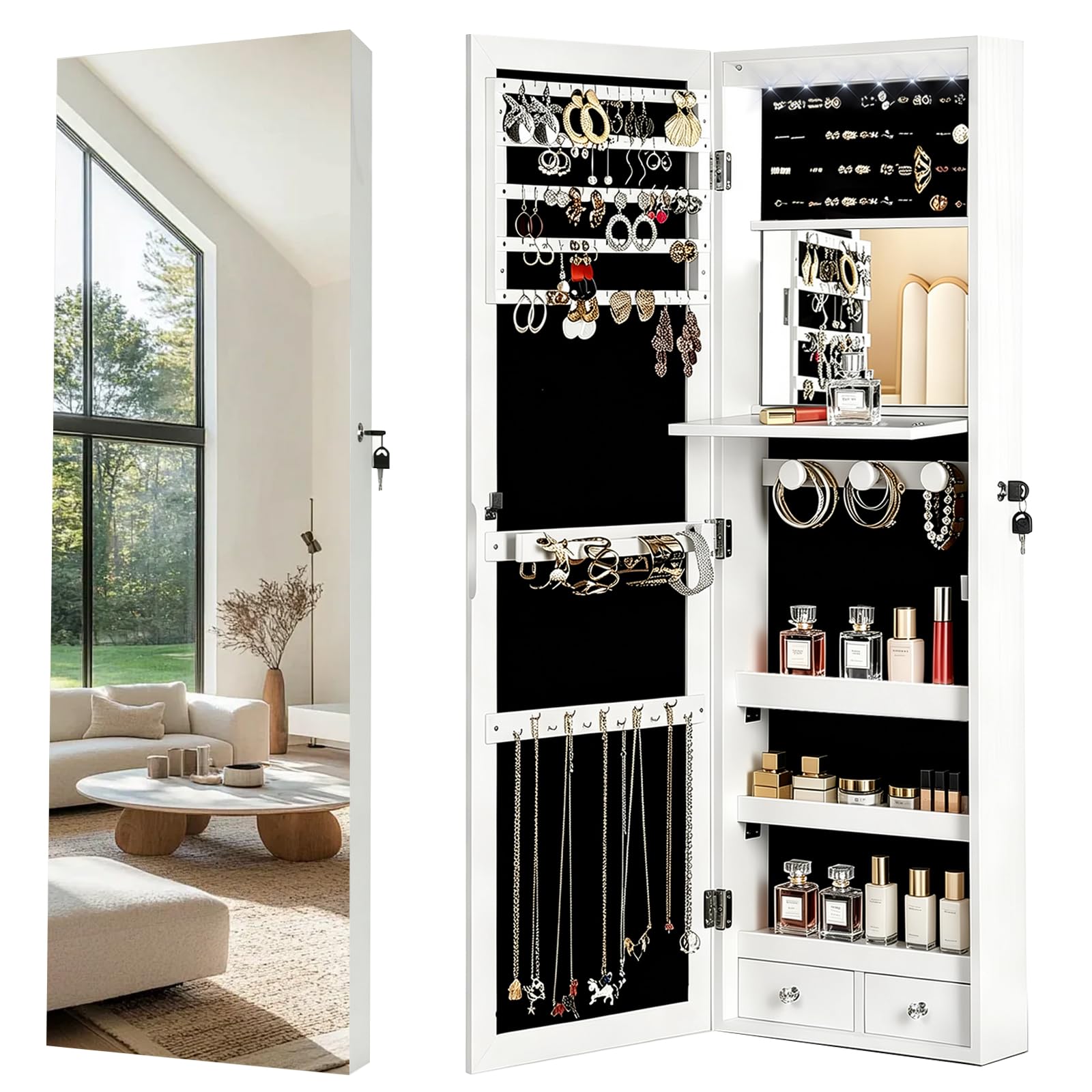 AnSafity Lockable Jewelry Cabinet Organizer with Full Length Mirror, 6 Auto LED Lights, Wall & Over Door Mount Jewelry Armoire with Earring Slots, Necklace Hooks, Foldable Makeup Shelf
