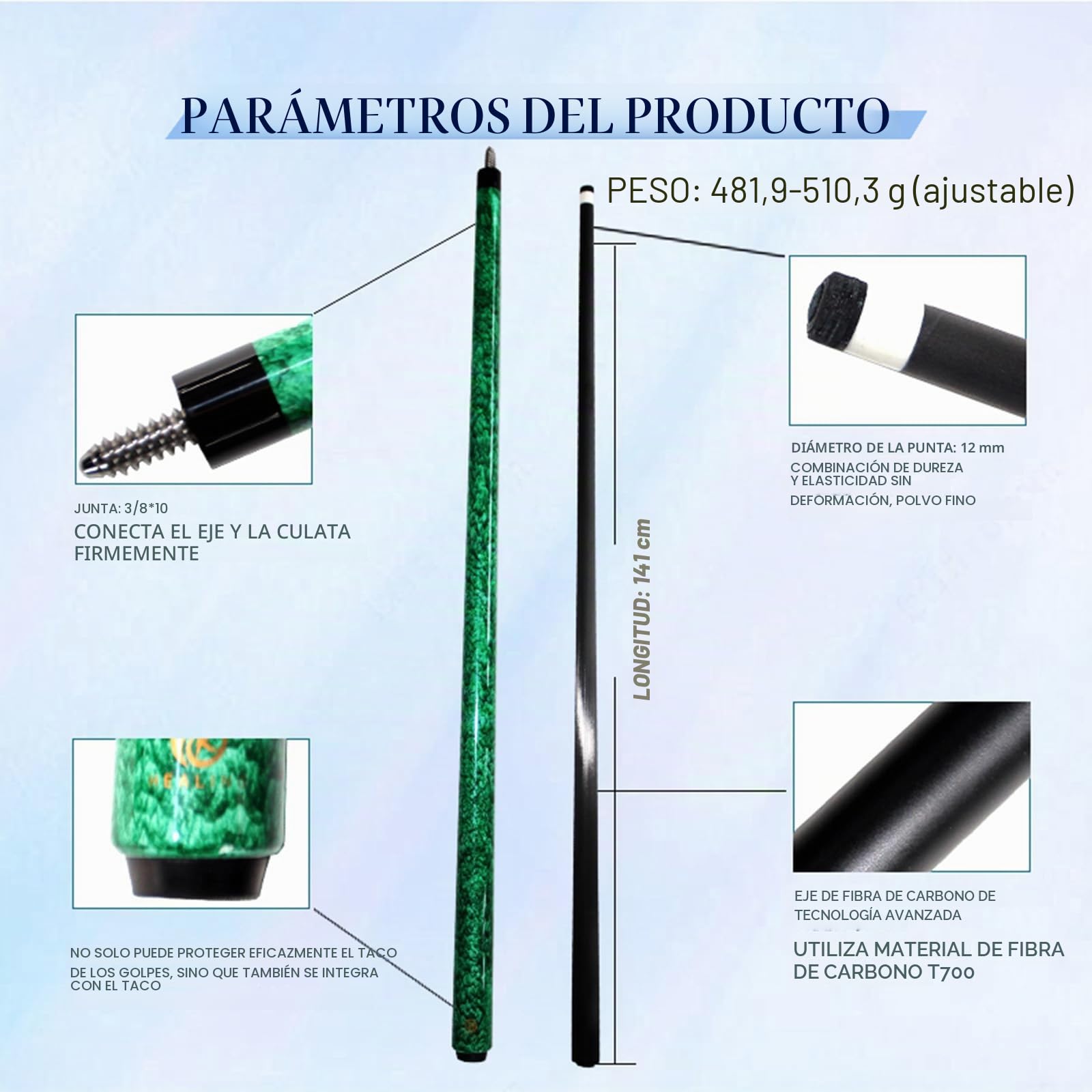 OKHEALING Taco de billar de carbono T700 de fibra de carbono de 56 pulgadas XTC punta de 12 mm, accesorios de billar 1/2 junta hecha a mano recta para 8 bolas/9 bolas, 18-20 onzas