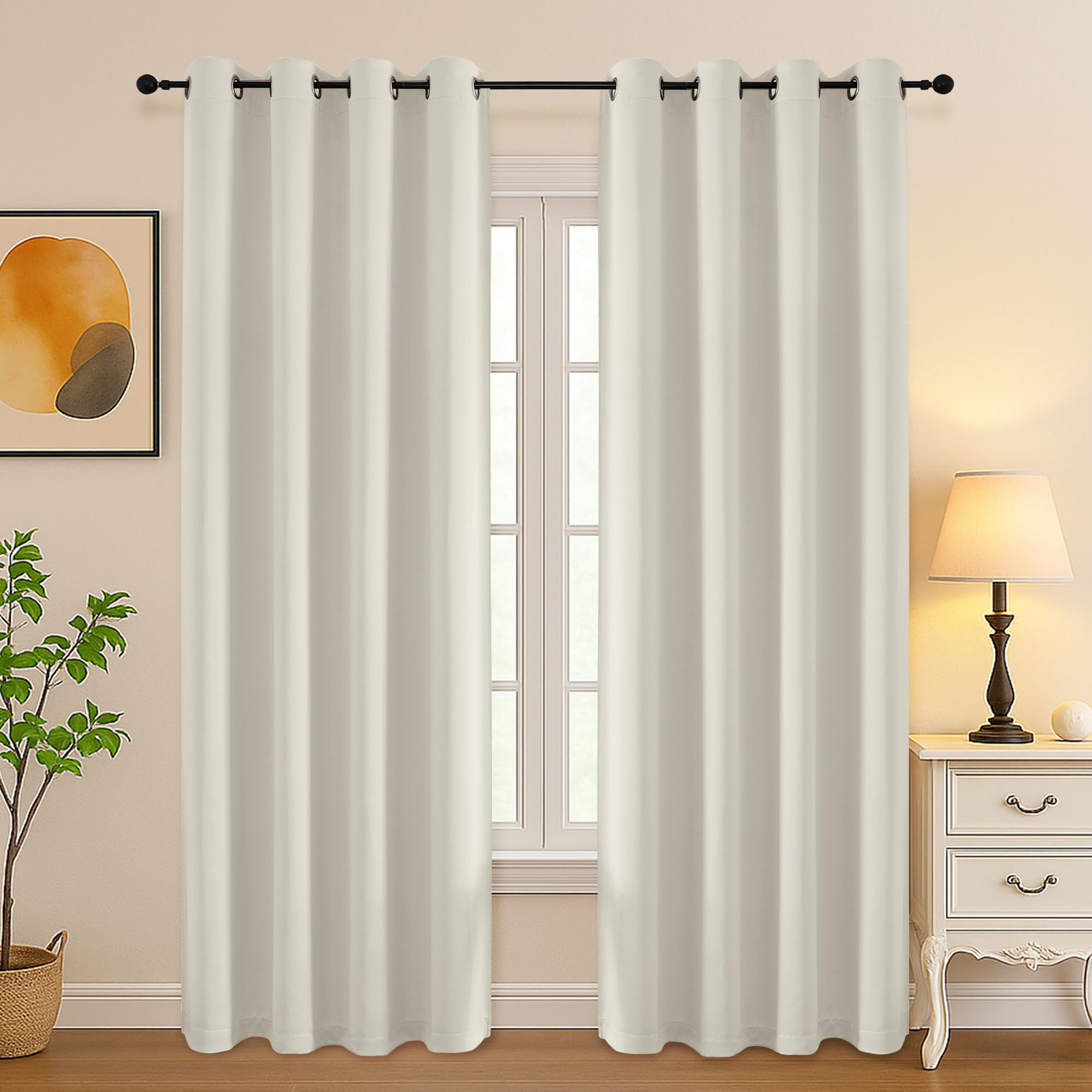 Simplebrand Natural Room Darkening Curtains for Bedroom Living Room 84 Inch Length 2 Panels Set, Thermal Insulated Curtains &amp; Drapes, Solid Grommet Noise Reducing Window Treatment, W50 x L84 Inch