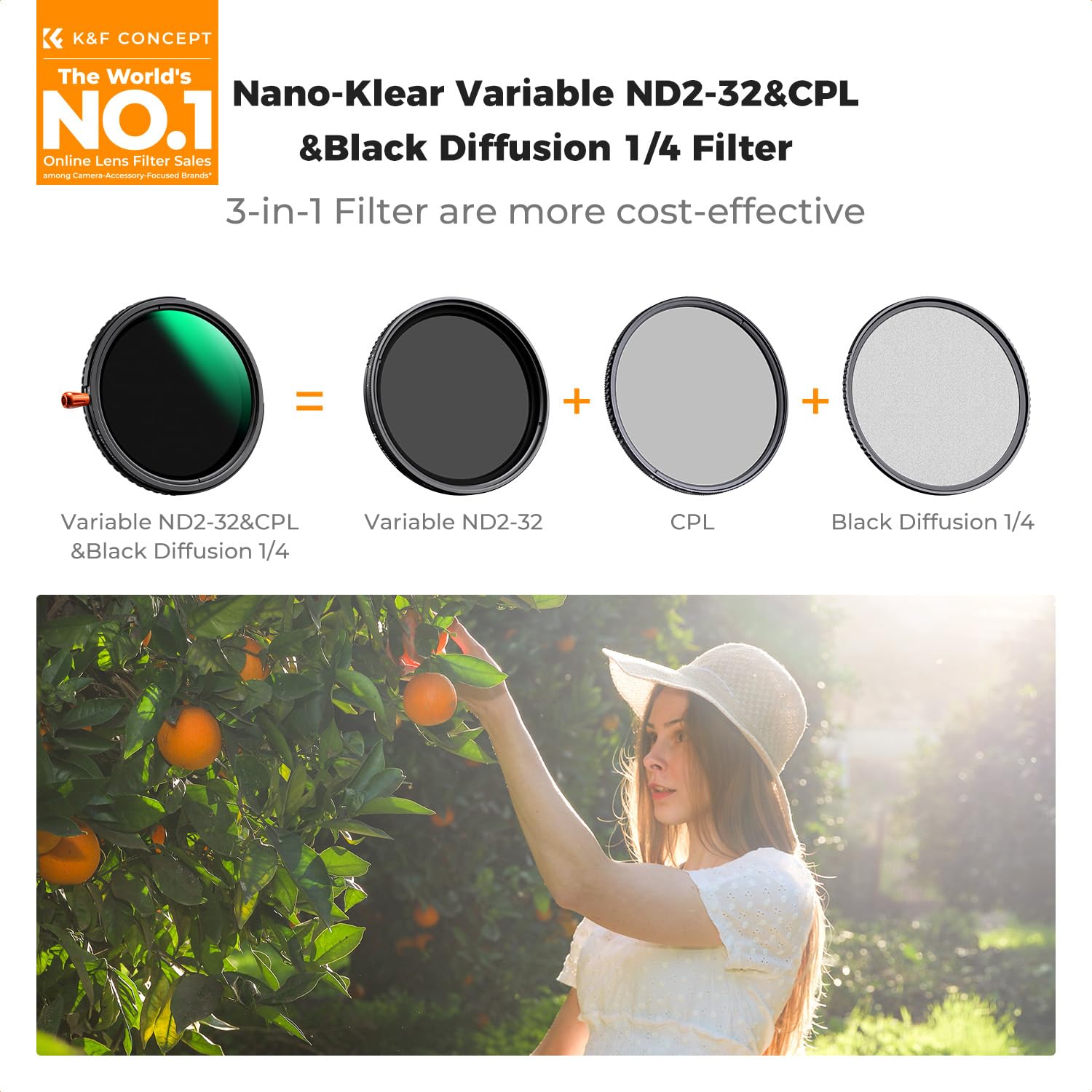K&F CONCEPT 67 mm filtr Black Diffusion Mist Effect 1/4 & zmienny ND2-32 (1-5 stopni) & filtr polaryzacyjny kołowy CPL w 1 filtrze obiektywowym z 18 warstwami powłoki wielowarstwowej dla obiektywów