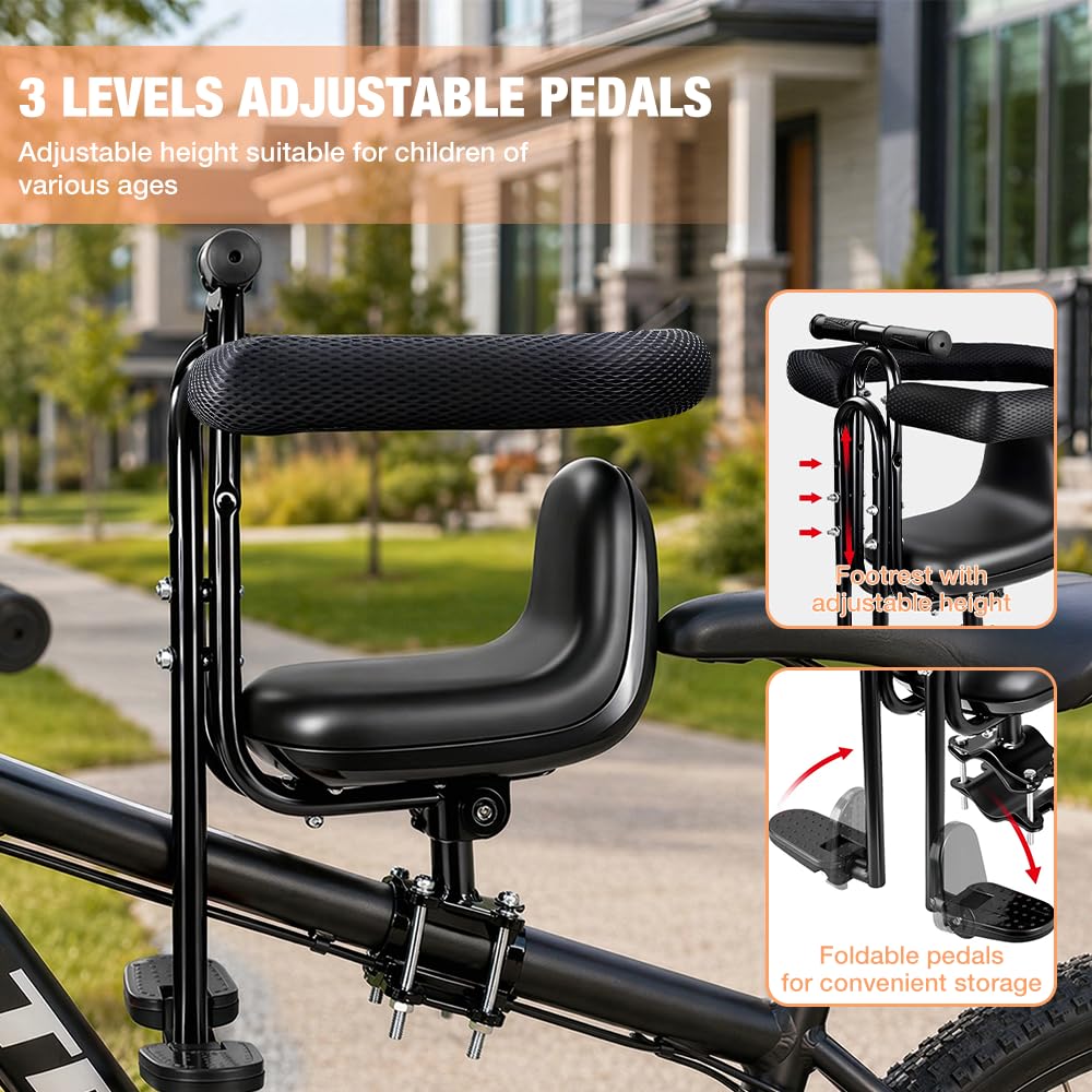 Foreverup Siège Enfant de Vélo Avant, Siège de Vélo pour Enfant, Siege Velo Enfant Soutien et Pédales de Pied, Charge 40 kg, Siège Avant pour vélo électrique, VTT et Vélos de Ville