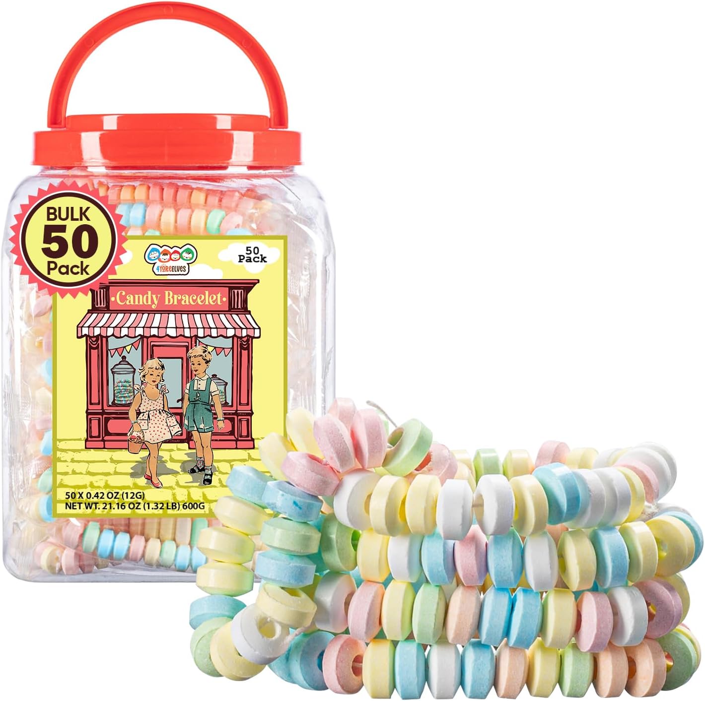 50 Candy Bracelets Individually Wrapped, Easter Candy Jewelry, Pastel Candy for Buffet, Goody Bag Stuffers, Barbie Party Favor for Kids, (Pack of 50x0.42oz/11.9g) by 4YoreElves