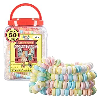 50 Candy Bracelets Individually Wrapped, Pastel Candy Jewelry for Buffet, Goody Bag Stuffers, Barbie Party Favor for Kids, Pack of 50x0.42oz/11.9g by 4YoreElves