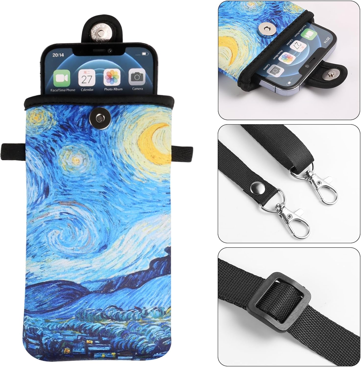 Neoprene Phone Sleeve Pouch Bag Case with Crossbody Strap Compatible for iPhon 17 Pro Max Air 16 Plus / Galaxy S25 Ultra / S25 Edge FE A16 A36 A56 / Pixel 10 Pro XL / OnePlus 13 (Starry Night, XL) - Image 4